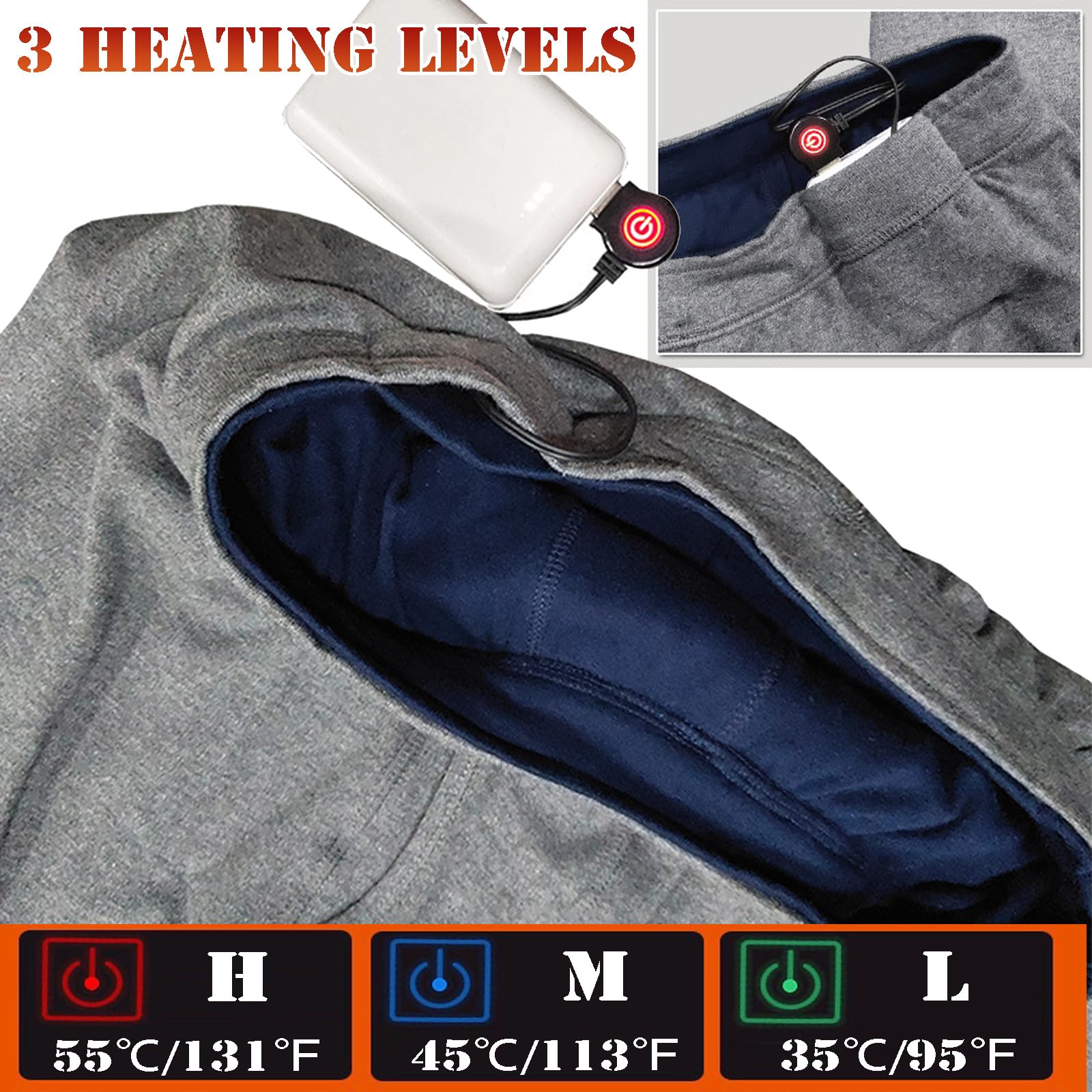Uomo Elettrico Riscaldato Pantaloni Morbido Pile Foderato Lungo Johns, Doppio Lato Reversibile Leggings Intimo Termico Inferiore