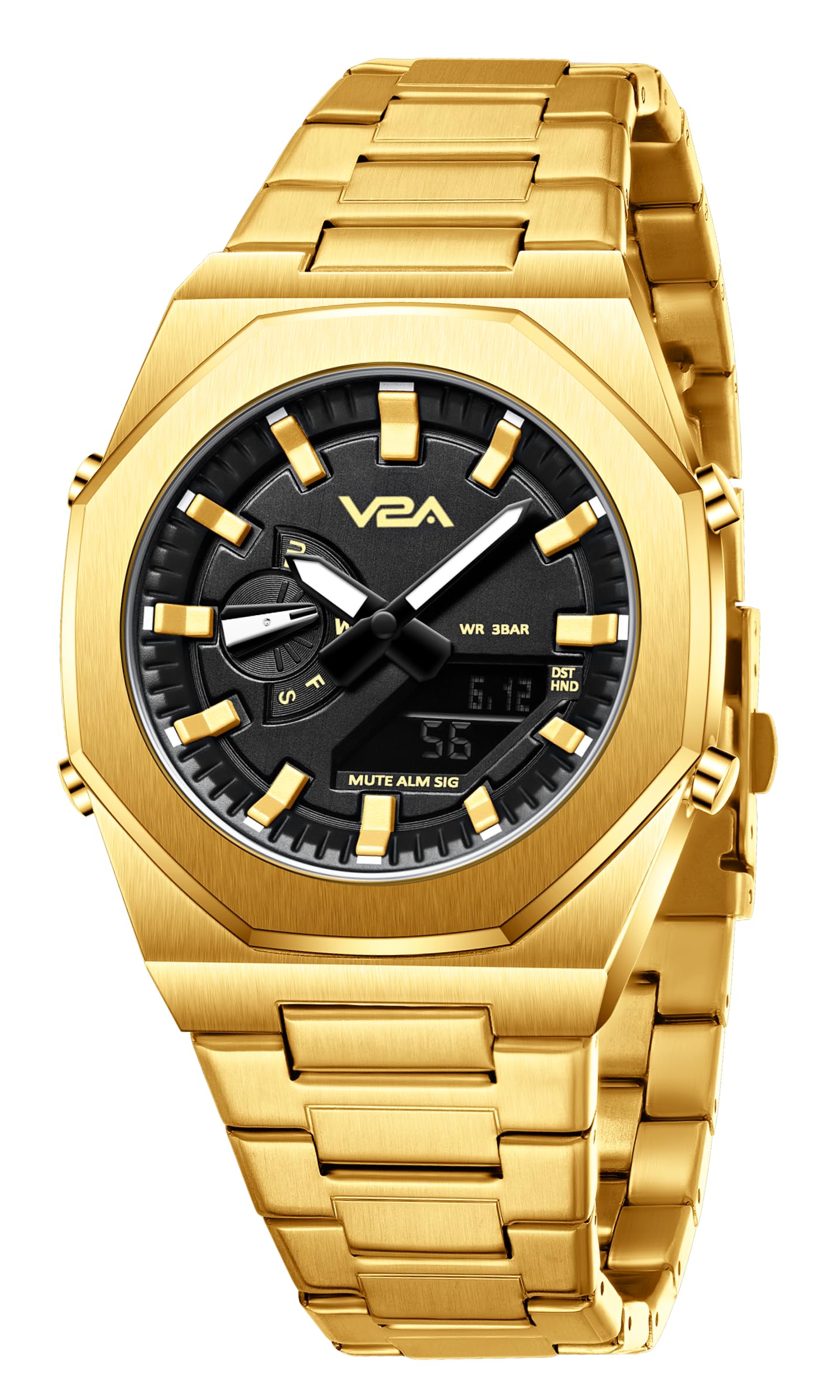 V2A Allure Multifunctional Analogue-Digital Watch For Men,Alloy Case,Stainless Steel Band,30M Water Resistant,5 Alarms,World Time,Countdown,Stopwatch|Birthday Gift (Gold-Black),Band Color:Black (B0DD4F9NBD) Amazon Price History, Amazon Price Tracker