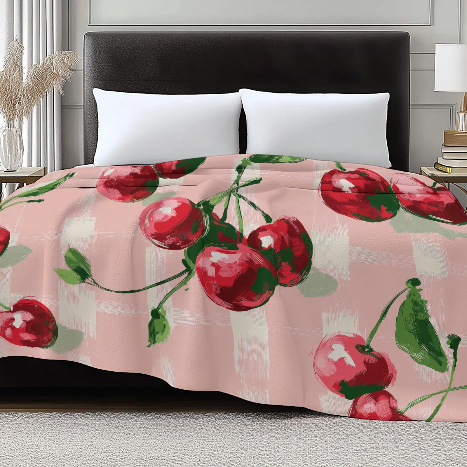 Przytulny koc flanelowy, puszysty, 150 x 200 cm, wiśniowa karo, jako narzuta na sofę i łóżko, miękki koc polarowy z mikrofibry, jako narzuta na kanapę, różowy