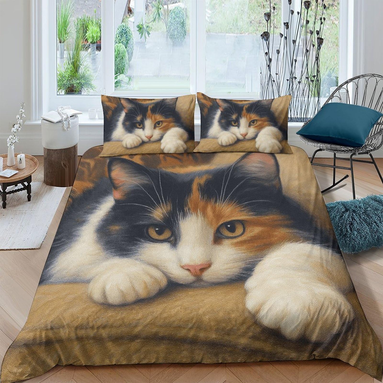 Ctjqhvkz Style-5 3D Printed Calico Cat Fitted Sheet Microfiber Soft Bedroom Decor Realistic Kitten Mattress Cover Easy Care Single（135X200cm）