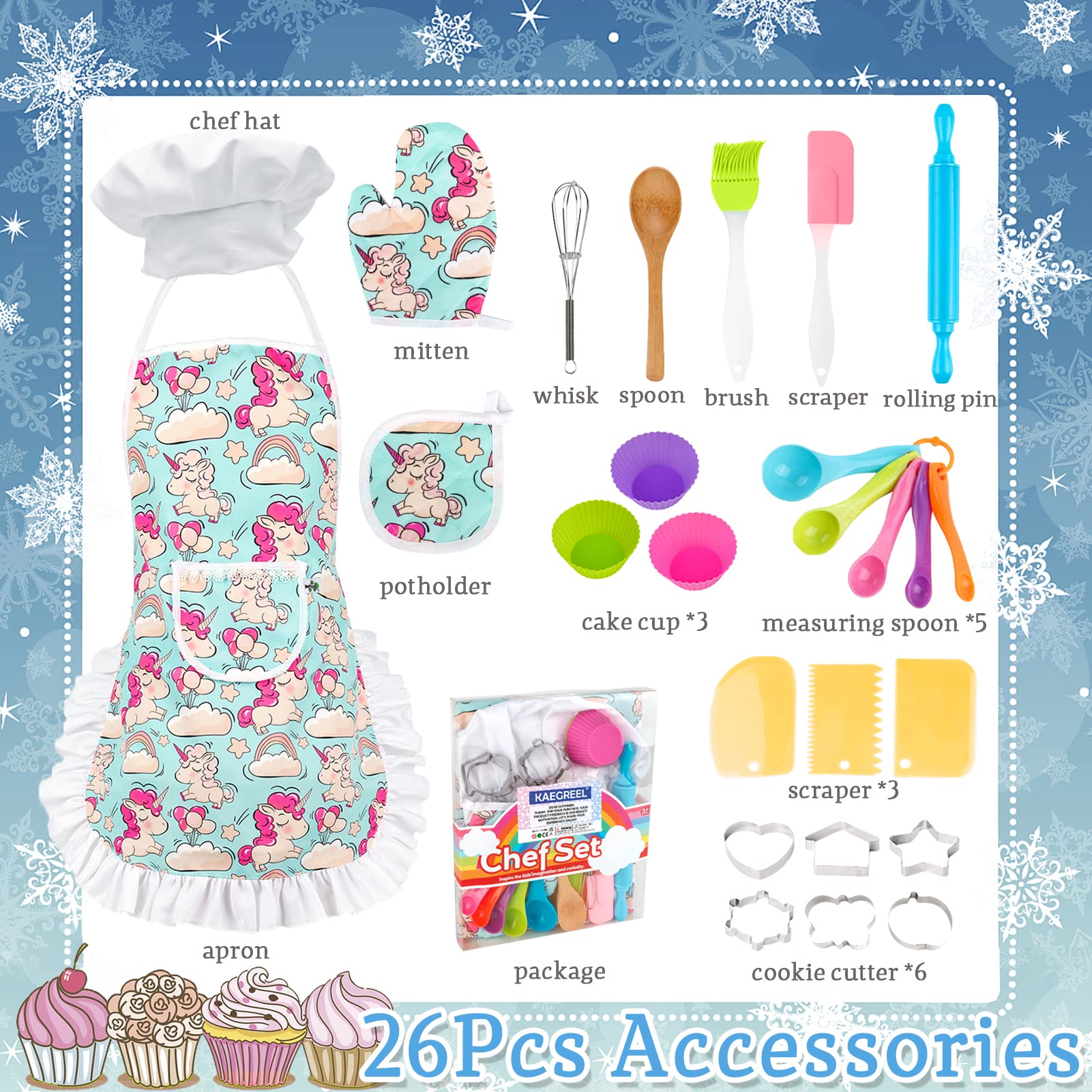 KAEGREEL Kids Baking Chef Set including Unicorn Apron, 26pcs Kitchen Toys Kid Cooking Set including Chef Hat Spoons Whisk - Image 3