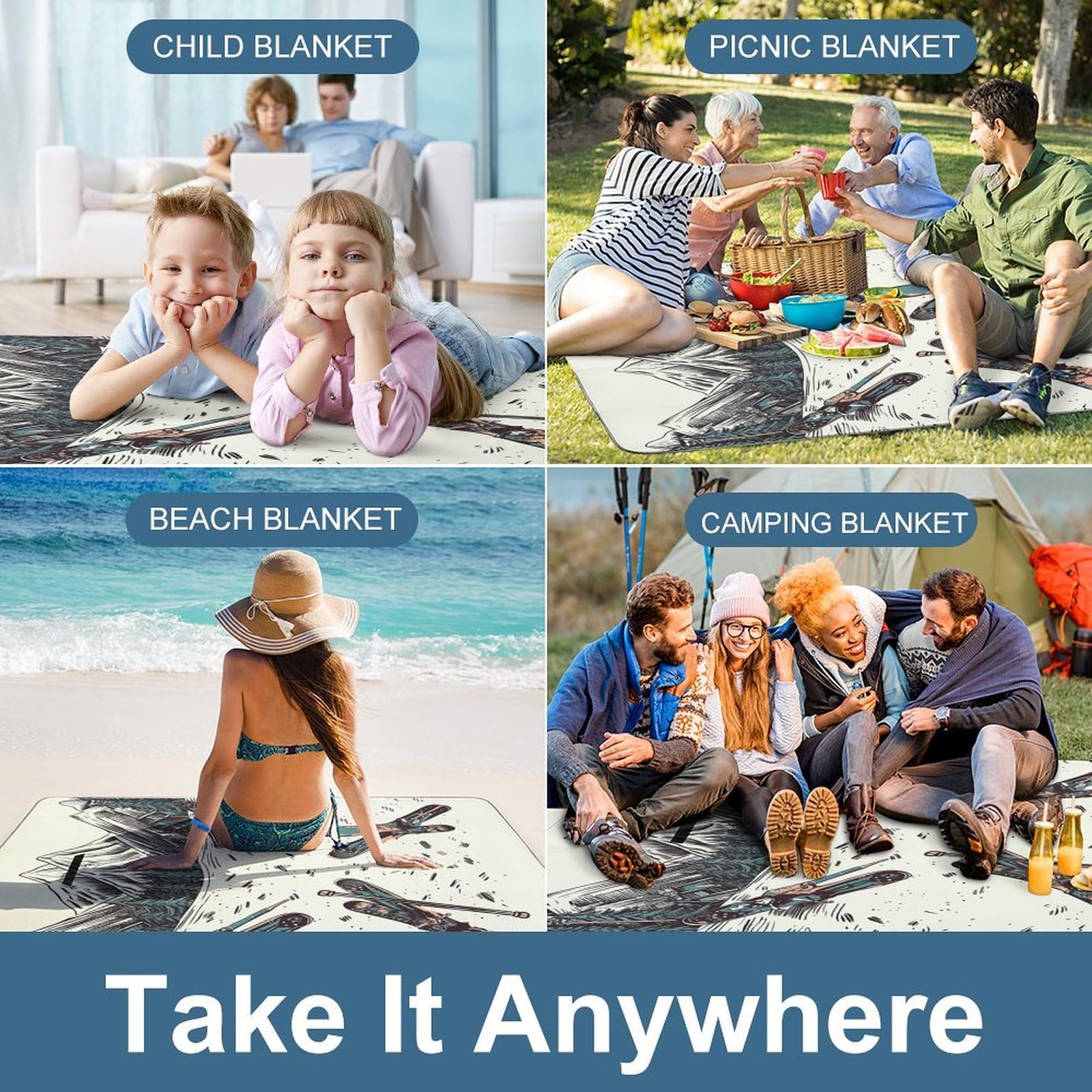 Set di tappetini da sci con attrezzatura da esterno, pieghevole, coperta da spiaggia con superficie impermeabile, facile da pulire, coperta da viaggio, per campeggio primaverile ed estivo
