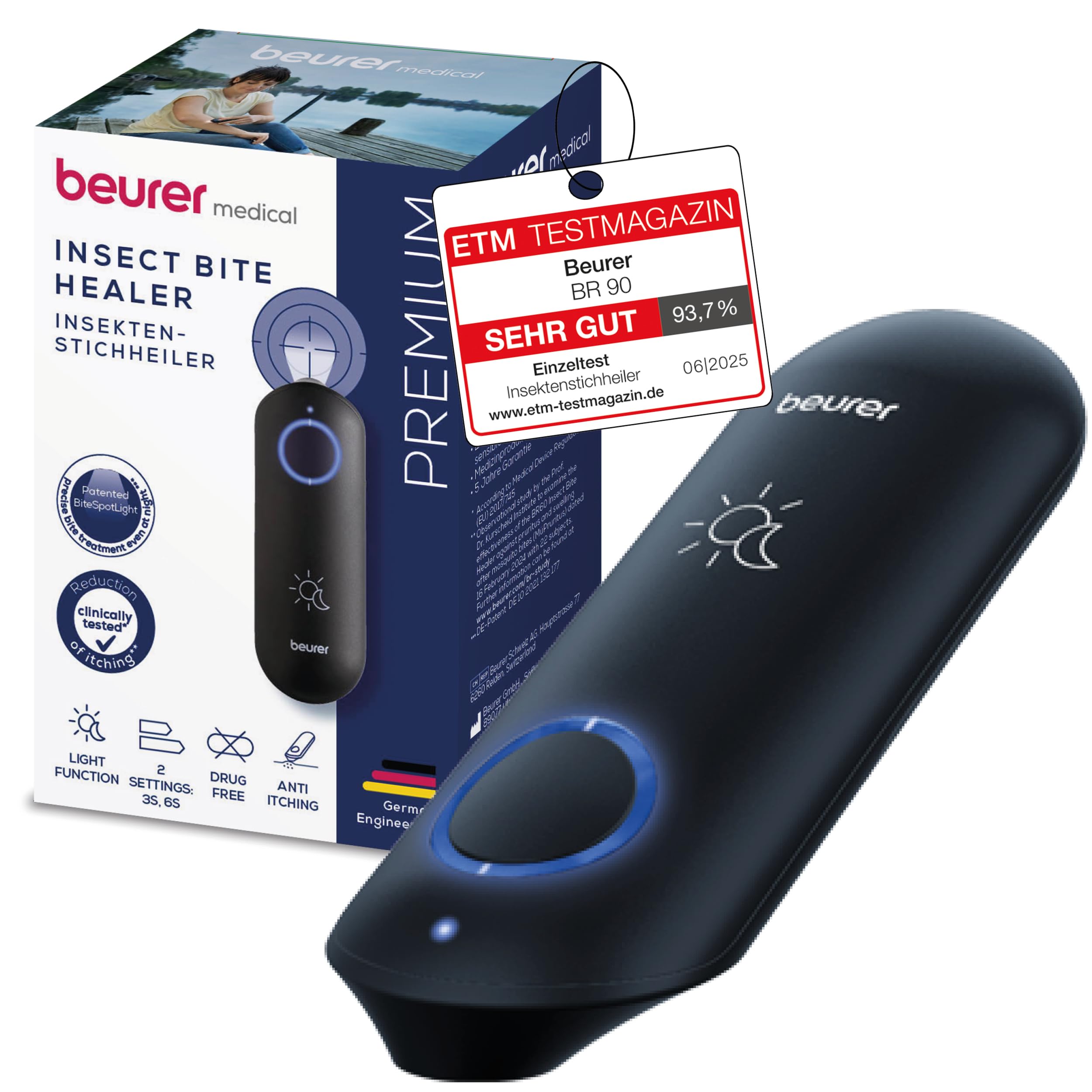 Beurer BiteX Day&Night Insektenstichheiler BR 90, Mückenstich Hitzestift zur Behandlung von Insektenstichen- und bissen, elektronischer Stichheiler, mit Licht zur Anwendung im Dunkeln, Reise-Gadget