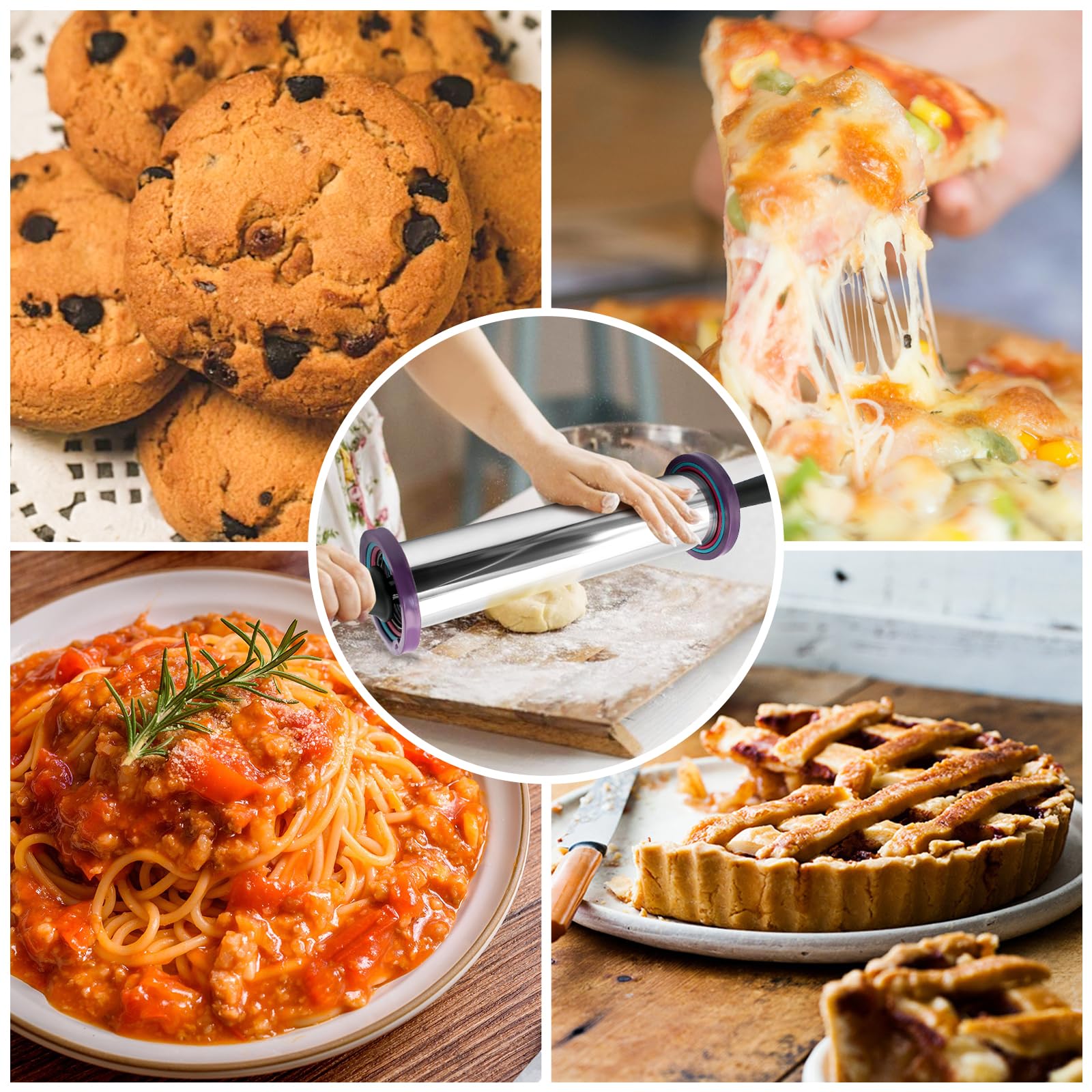 Nudelholz, Nudelholz und Silikon-Backmatte, Nudelholz, verstellbares Nudelholz aus Edelstahl mit dicken Ringen zum Backen von Teig, Pizza, Kuchen, Nudeln