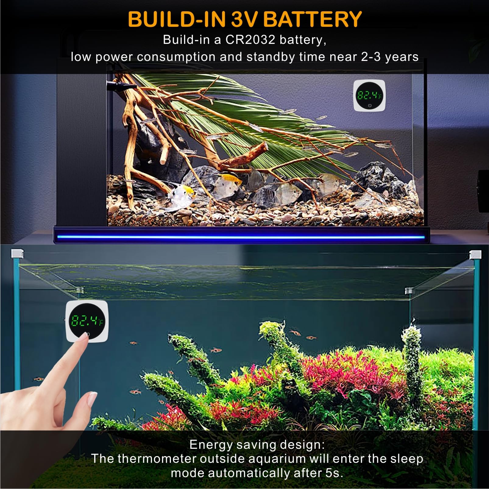 Aquarium Thermometer, Fish Tank Digital Thermometer Stick On, Genaue LED-Anzeige bis ±0.-12.8 °C Aquarium Temperaturanzeige mit Touch-Taste für Fische, Betta, Axolotl, Aquatic oder Schildkröte (1)