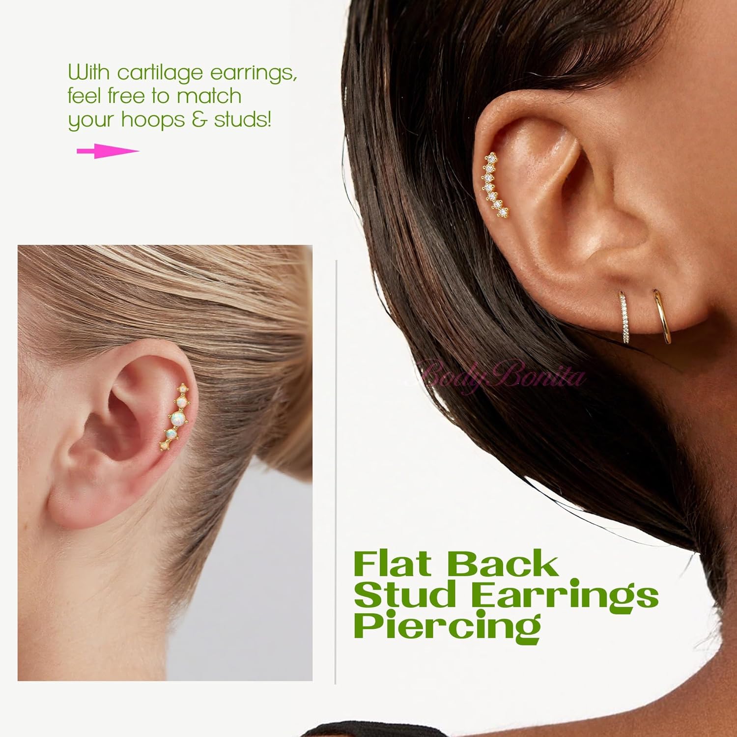 BodyBonita 3Pcs 16G Cartilage Earrings for Women, 316L Surgical Steel Flat Back Earrings Piercings, Opal CZ Stud Earrings Set, Lobe Conch Helix Daith Tragus Jewelry Gold Plated/Silver - Image 3