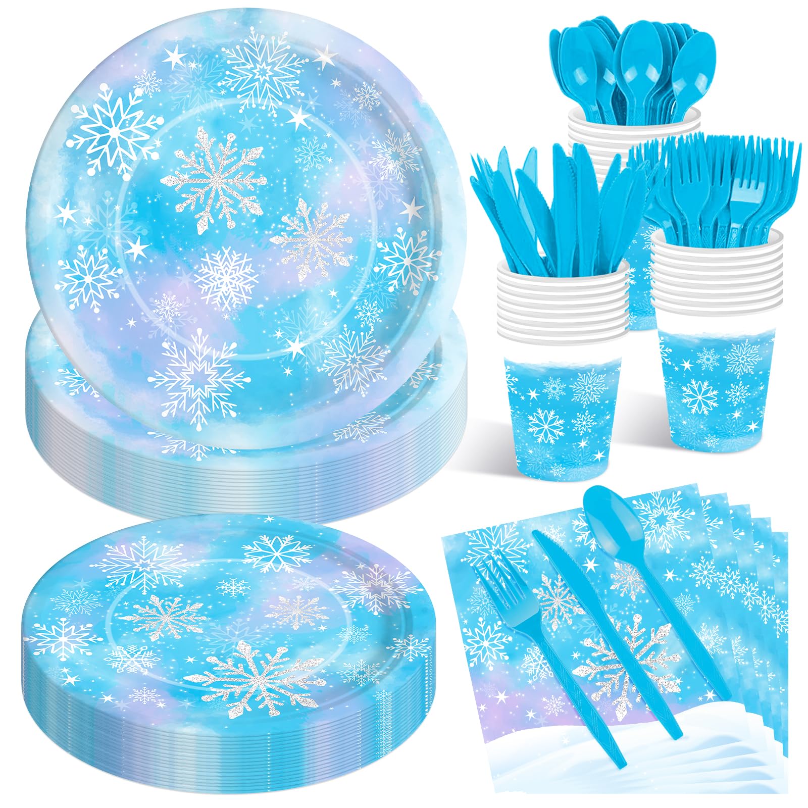 175 Pcs Snowflake Winter Wonderland Tableware Set - Serves 25, Snowflake-Themed Disposable Plates, Cups, Napkins, Forks, Spoons, Knives for Christmas,