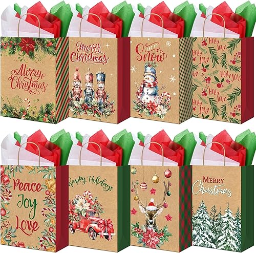 24 bolsas grandes de regalo de Navidad con 24 papel de seda, bolsas de papel kraft a granel para regalos con asas, 8 estilos de bolsas de regalo de