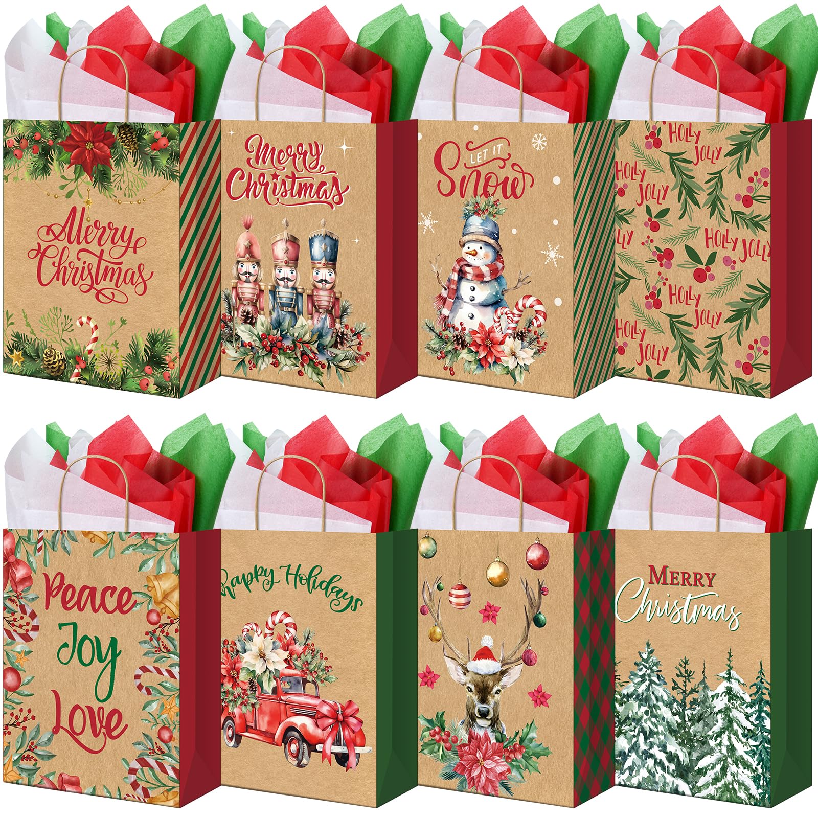 48 grandi sacchetti regalo di Natale con 24 sacchetti di carta velina, sacchetti di carta kraft per regali con manici, 8 stili di sacchetti regalo di Natale per avvolgere regali di Natale, bomboniere,