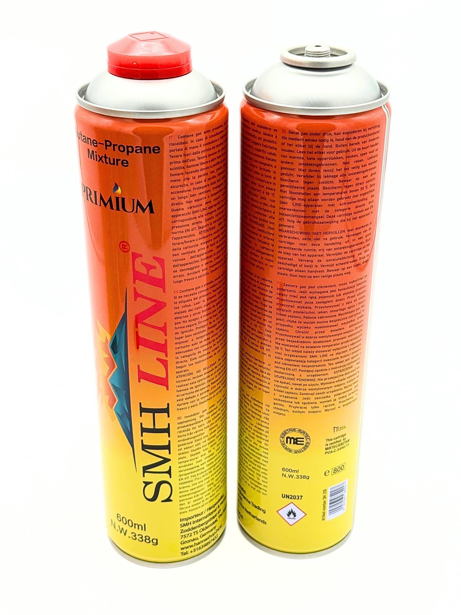 SMH LINE® 12 x 600 ml universeel gaspatroon voor camping gasfornuis onkruidbrander gasbrander mix propaan butaan 7/16 Eurodraad EN417 schroefpatroon schroefventiel afvlammapparaat soldeerbrander
