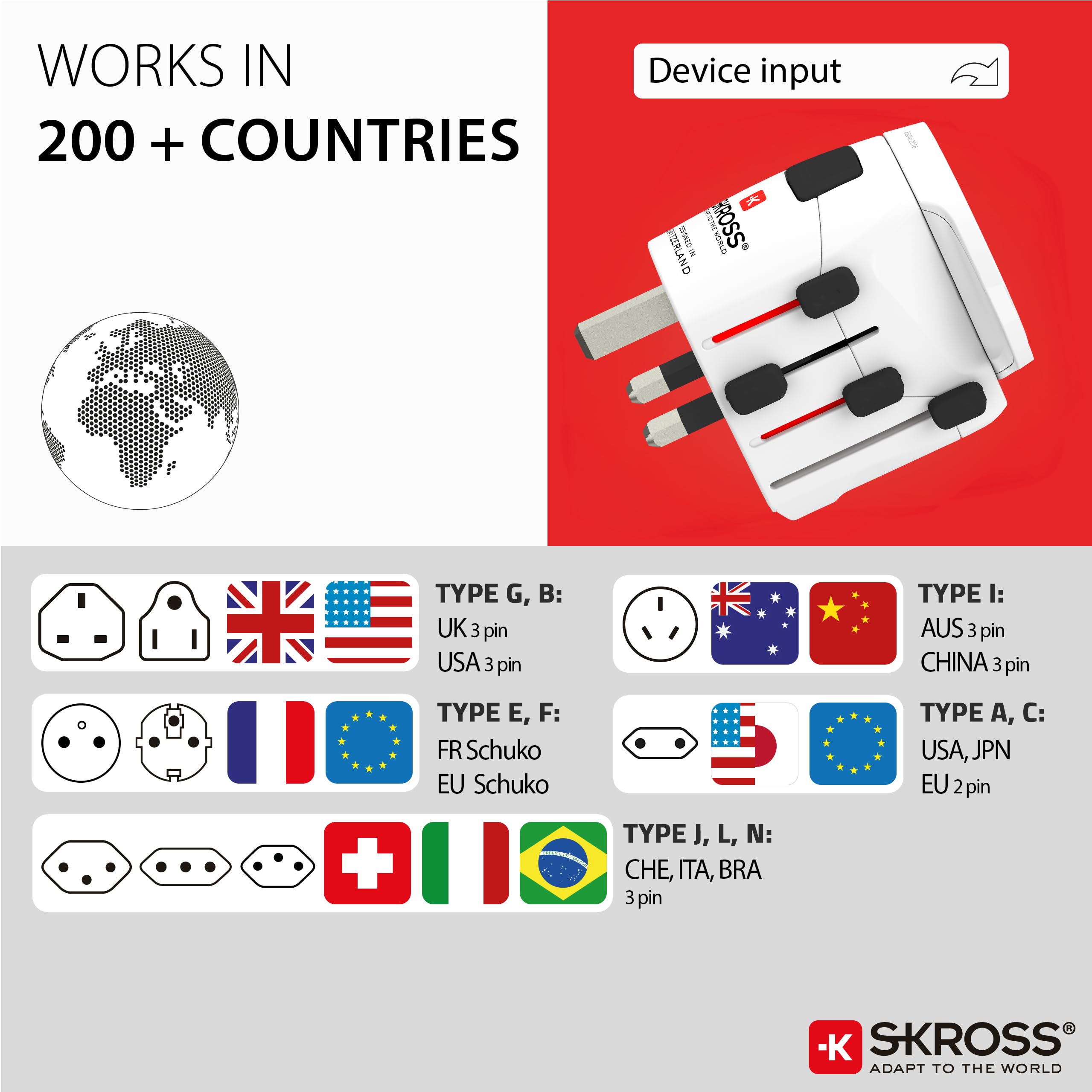 SKROSS | 1.103180 | Zestaw 2 uniwersalnych adapterów podróżnych | Do i z 250 krajów - Moc do 1750W - Ochrona przed wstrząsami