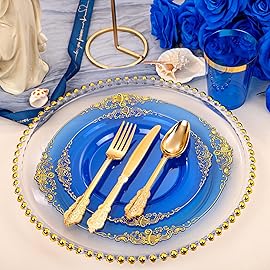 Hioasis 210pcs Blue and Gold Plastic Plates - Elegant Disposable Dinnerware Set Suitable for 30 Guests Include 10.25 Dinner & 7.5 Dessert Plates, Pre Rolled Silverware Set, Cups for Christmas
