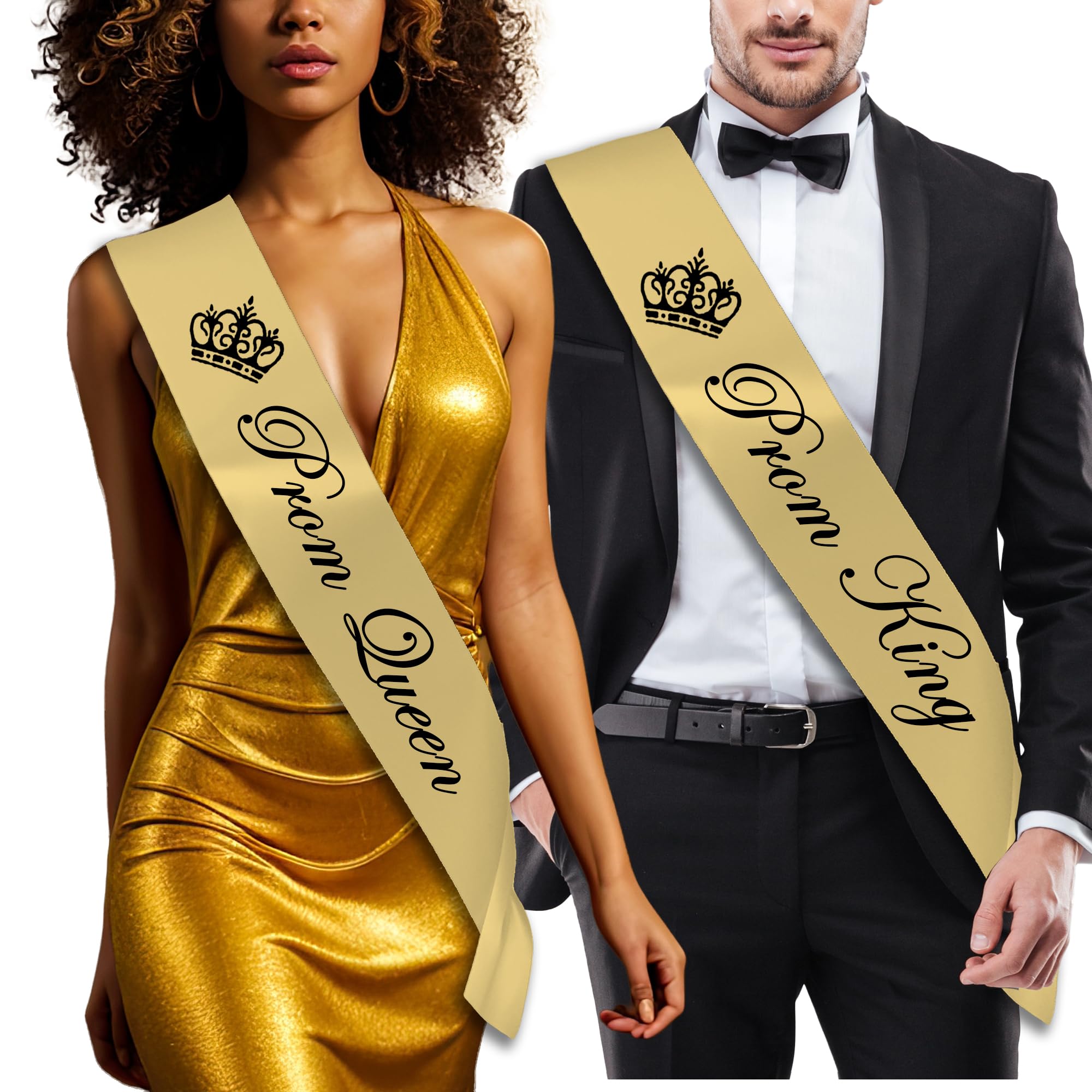 Fuzzy Cactus Gold - Prom King & Queen Set Prom King & Prom Queen Sashes, Set Of 2 Or Individual, 160Cm X 10Cm, Gold, Silver, Blue And Pink (Gold - Prom King & Queen Set)