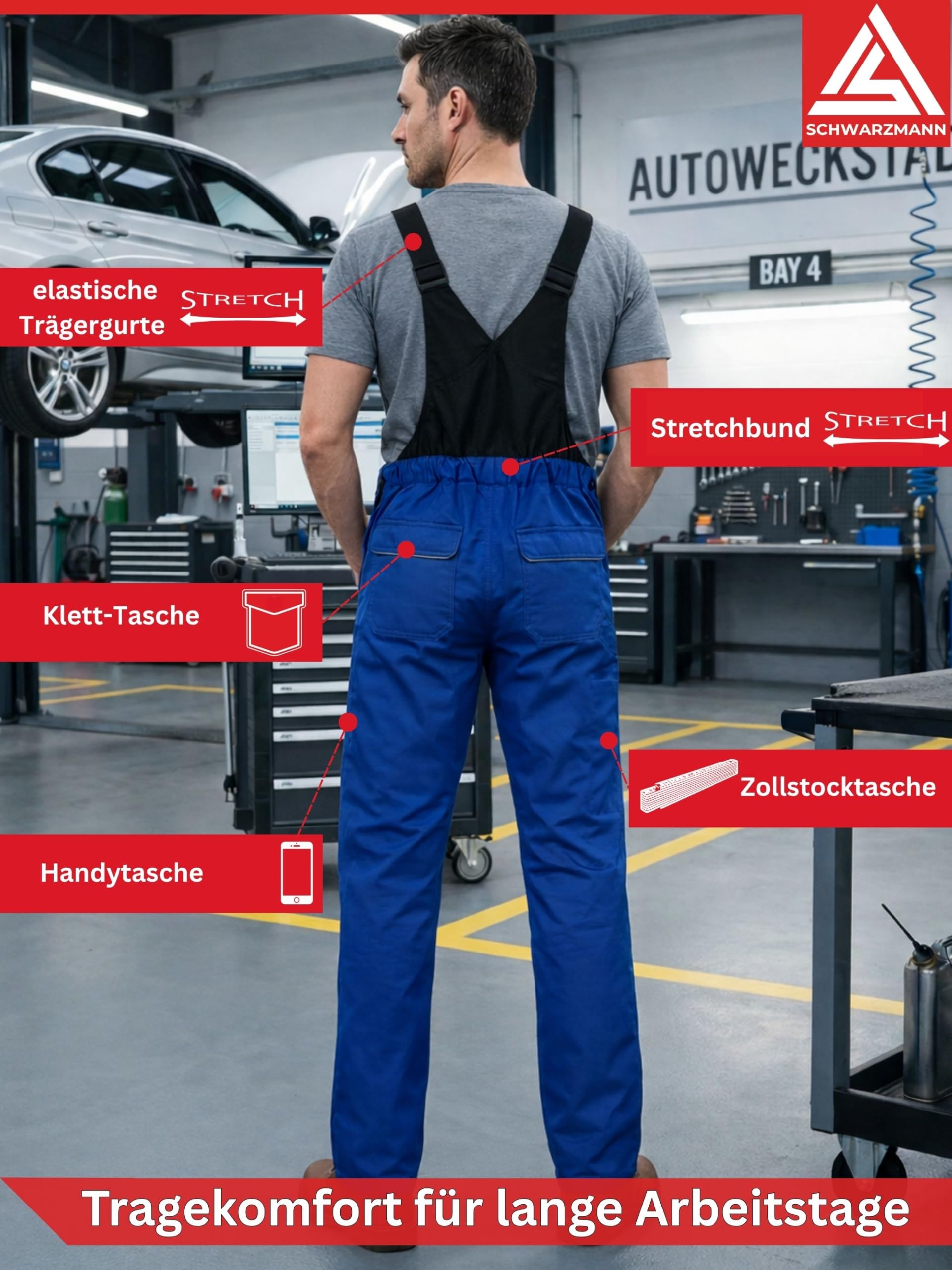 Arbeitshose Herren Latzhose mit Stretchbund 6 Taschen robuste Arbeitskleidung Männer Arbeitslatzhose mit Kniepolstertaschen Berufskleidung Handwerk Bau Industrie KFZ Werkstatt Lager Garten Sanitär DIY