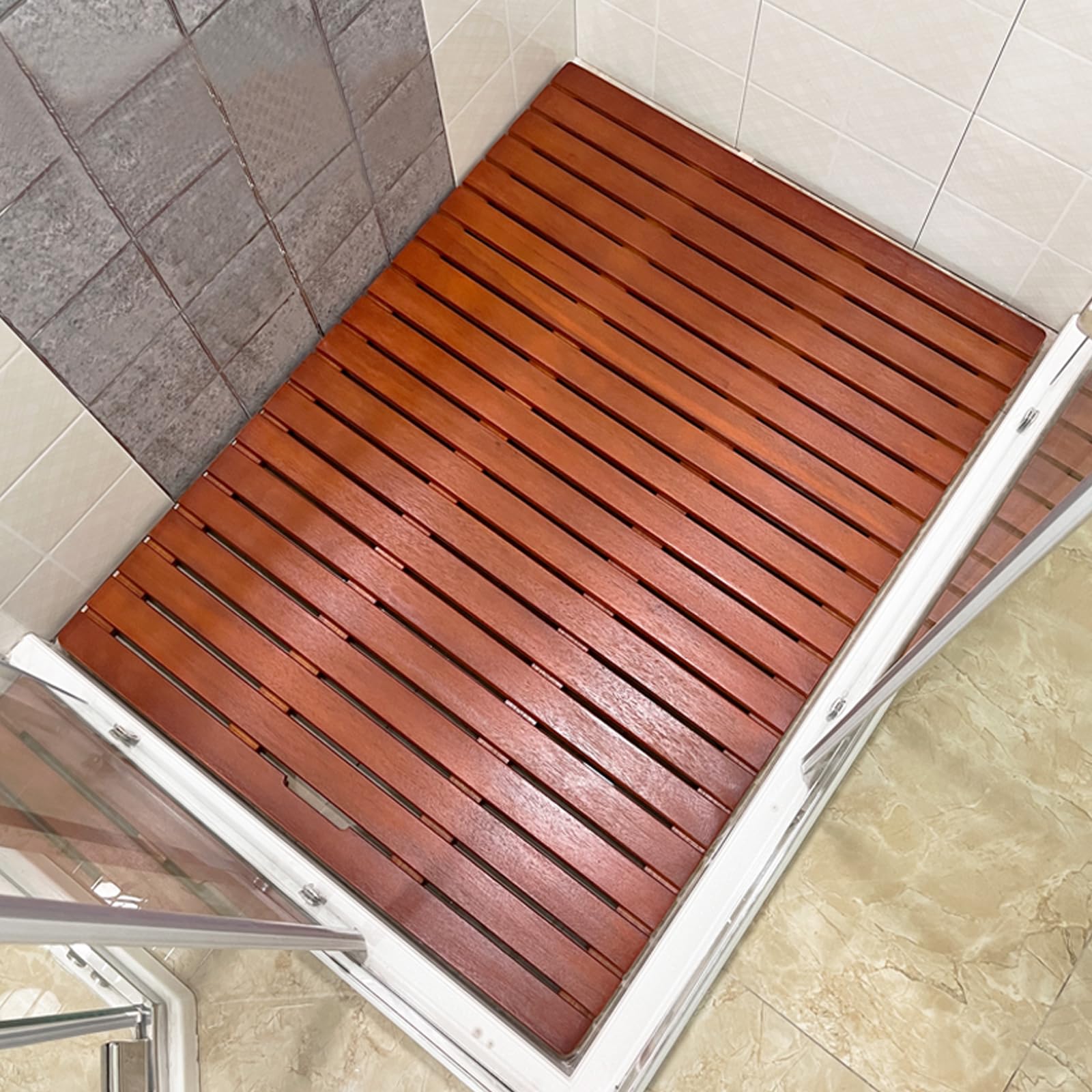 Kddeon Red Bathroom Non-Slip Wooden Bath Mat,Shower Room Bamboo Bath Mat,Duckboard Bath Mat,Rectangular Waterproof Duck Board,Wooden Shower Mat, Walnut Color,Home Spa Bath Boards (90X65cm/35X26in)