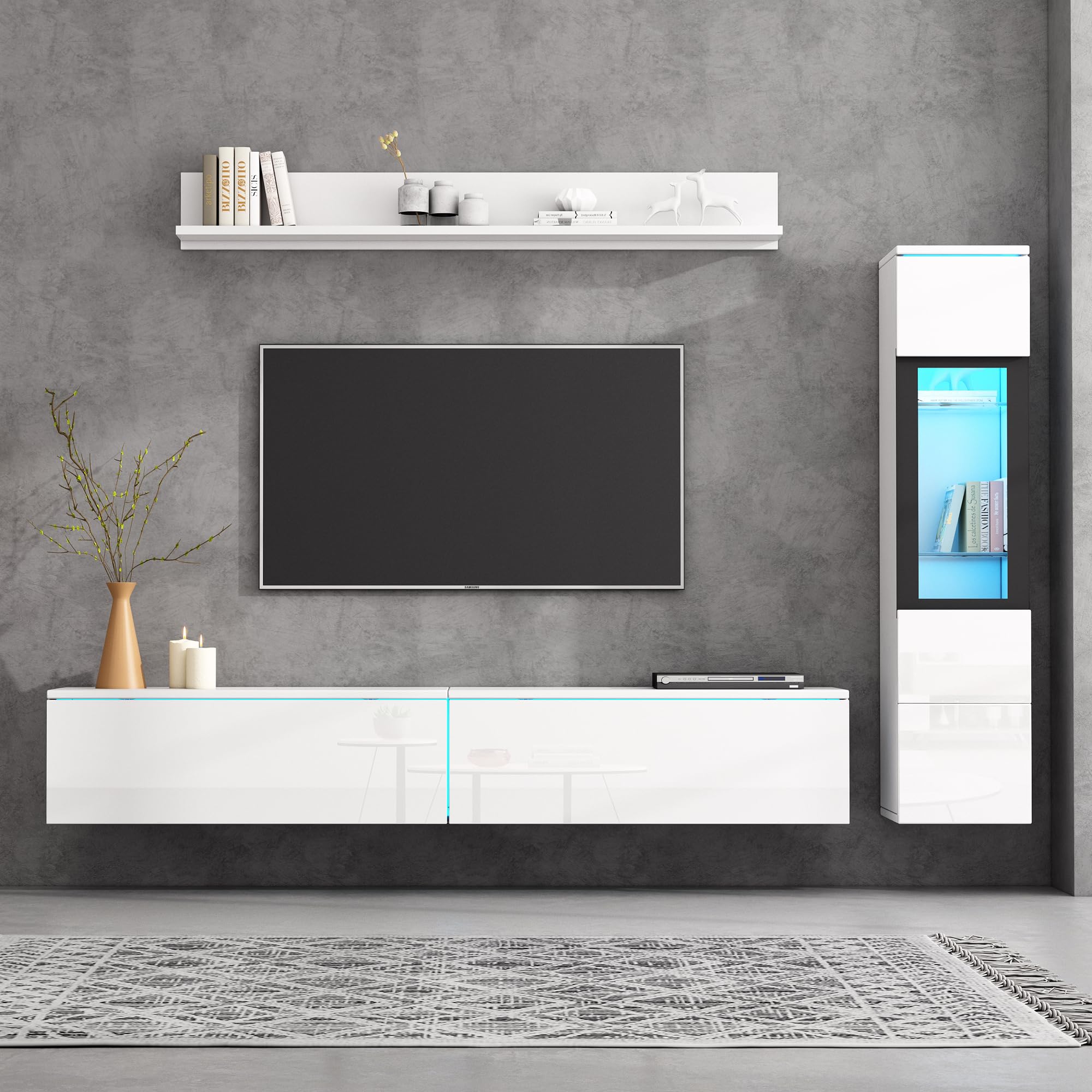 KAZZIO Set da parete per TV, 3 pezzi, illuminazione a LED, lucido, per soggiorno, 1 armadio per TV, 1 vetrina per soggiorno, 1 mensola da appendere (bianco)
