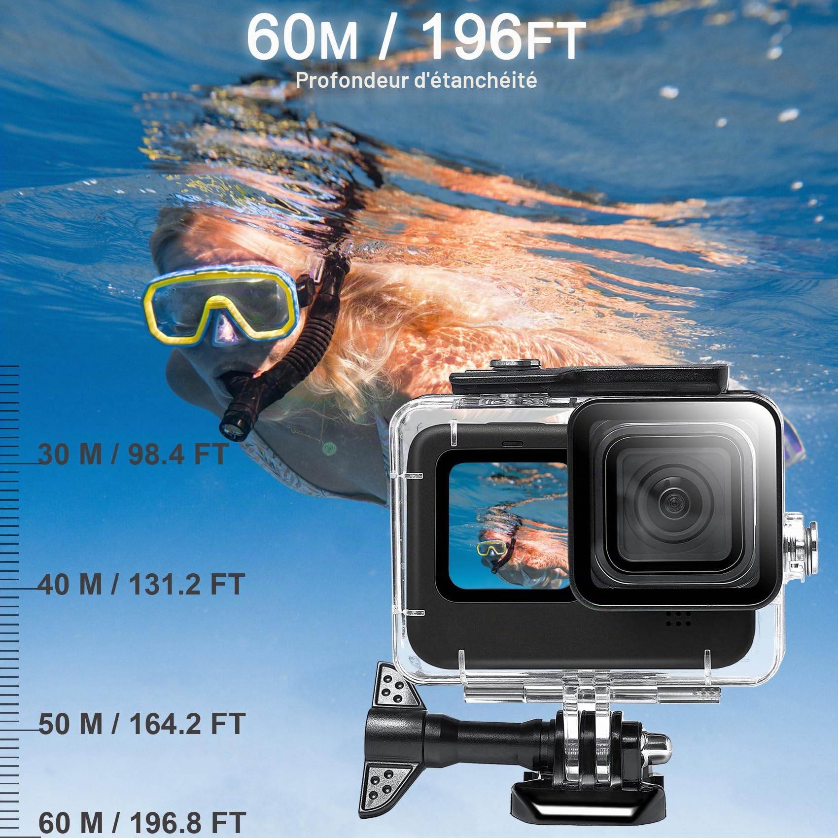 OKFUN Boîtier étanche avec 3 filtres pour Go Pro Hero 13-10 noir, coque de protection sous-marine monopode flottant poignée bâton d'action camera accessoires