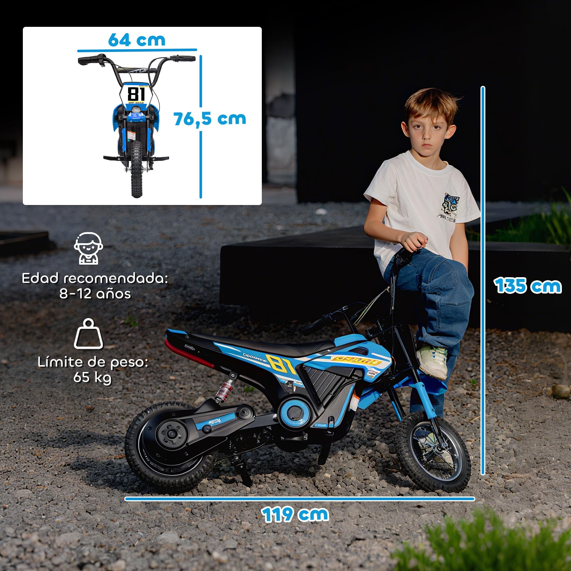 AIYAPLAY Moto Eléctrica para Niños 24V, Moto Eléctrica Infantil con Motor 250W, Velocidad de 6-16km/h, Ruedas de 12'' y Suspensión Trasera, para Niños de 8-12 Años, Azul
