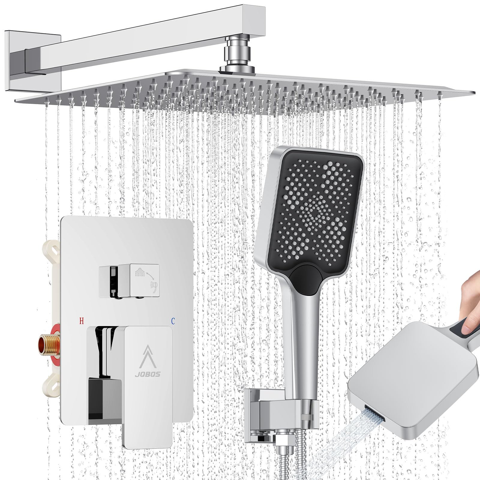 Shower System Modern Rain 12 inches Brass Shower Faucet Set with Valve and Diverter Shower Mixer with Handheld High Pressure Square Rainfall Shower Rough-in Valve (12‘’, Chrome Polished)