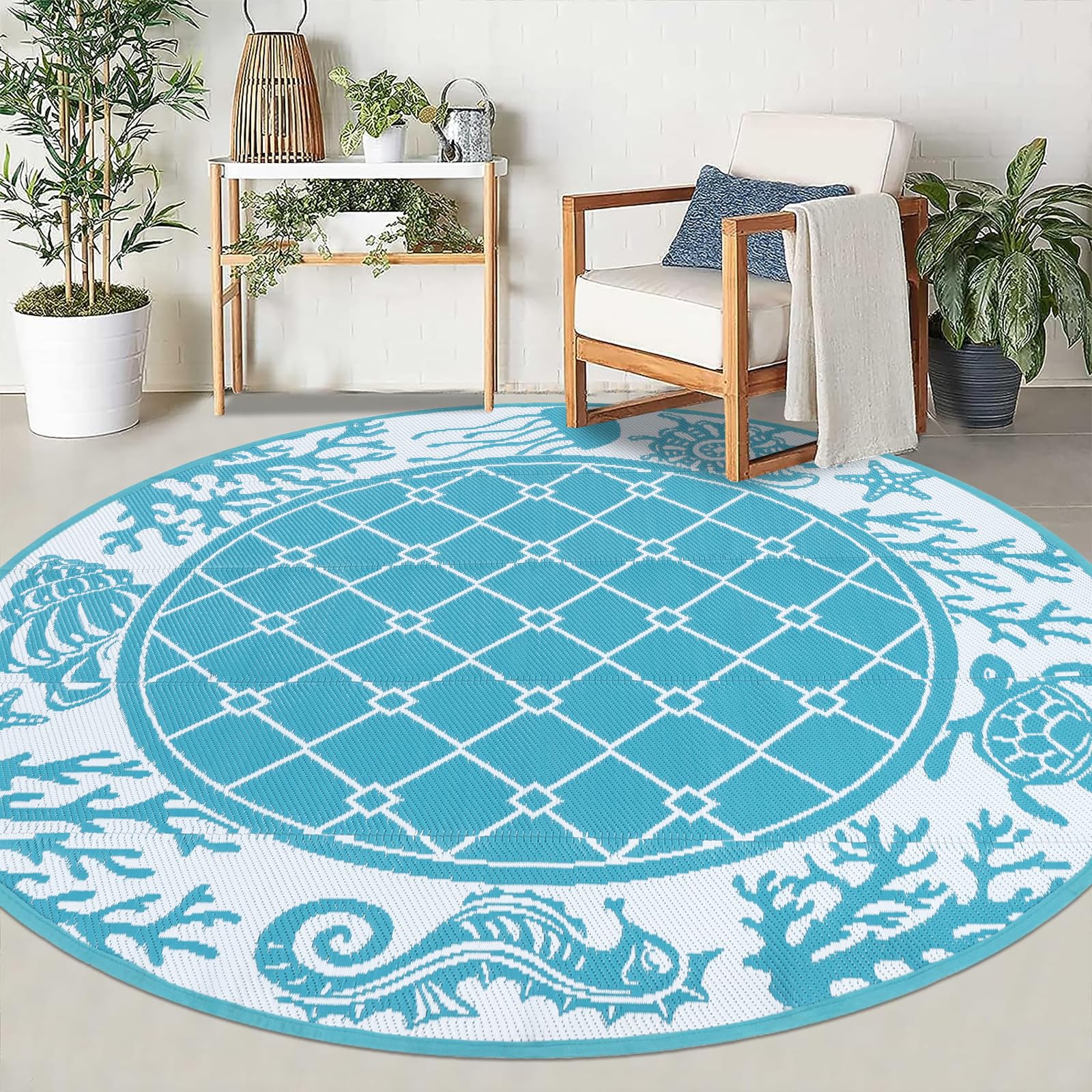 Vaukki Round Reversible Rug, Plastic Straw Outdoor Mat, Fade Resistant  Plastic Outdoor Patio Mat, Lightweight Ocean Area Carpet for Patio, RV,  Camping