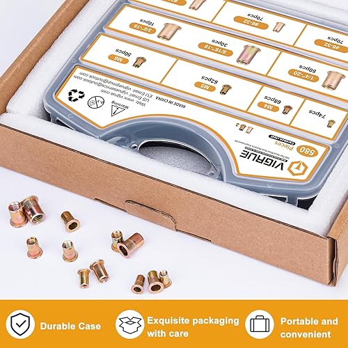 Miniatura 7 de VIGRUE Kit de herramientas de tuerca de remache de 16 pulgadas, juego de herramientas manuales con 15 mandriles métricos y de pulgadas M3 a M12,