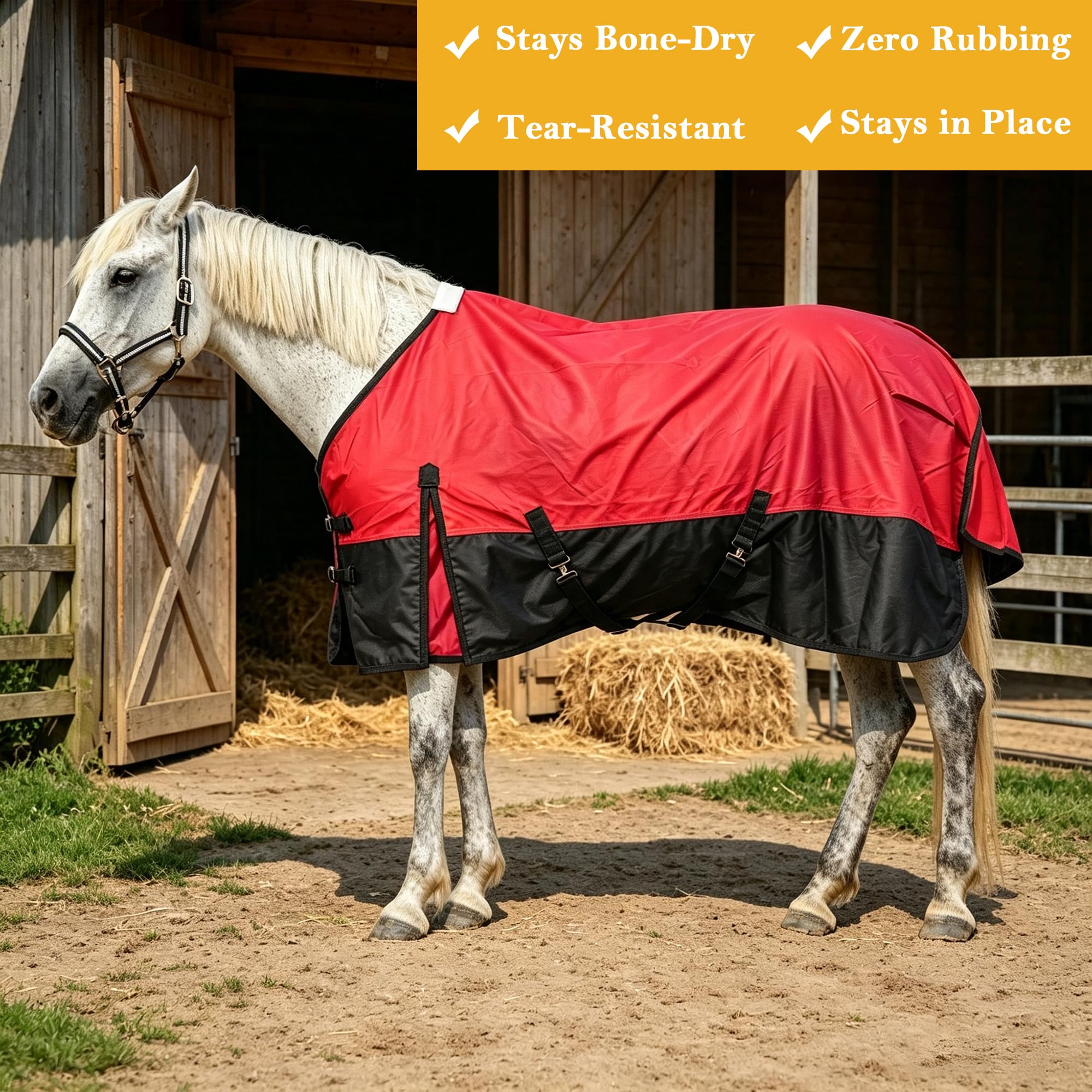 Leberna Alfombra 600D para caballos sin relleno, impermeable, ligera, transpirable, estándar, cuello completo, para lluvia de caballos (rojo/negro, 6 pies)