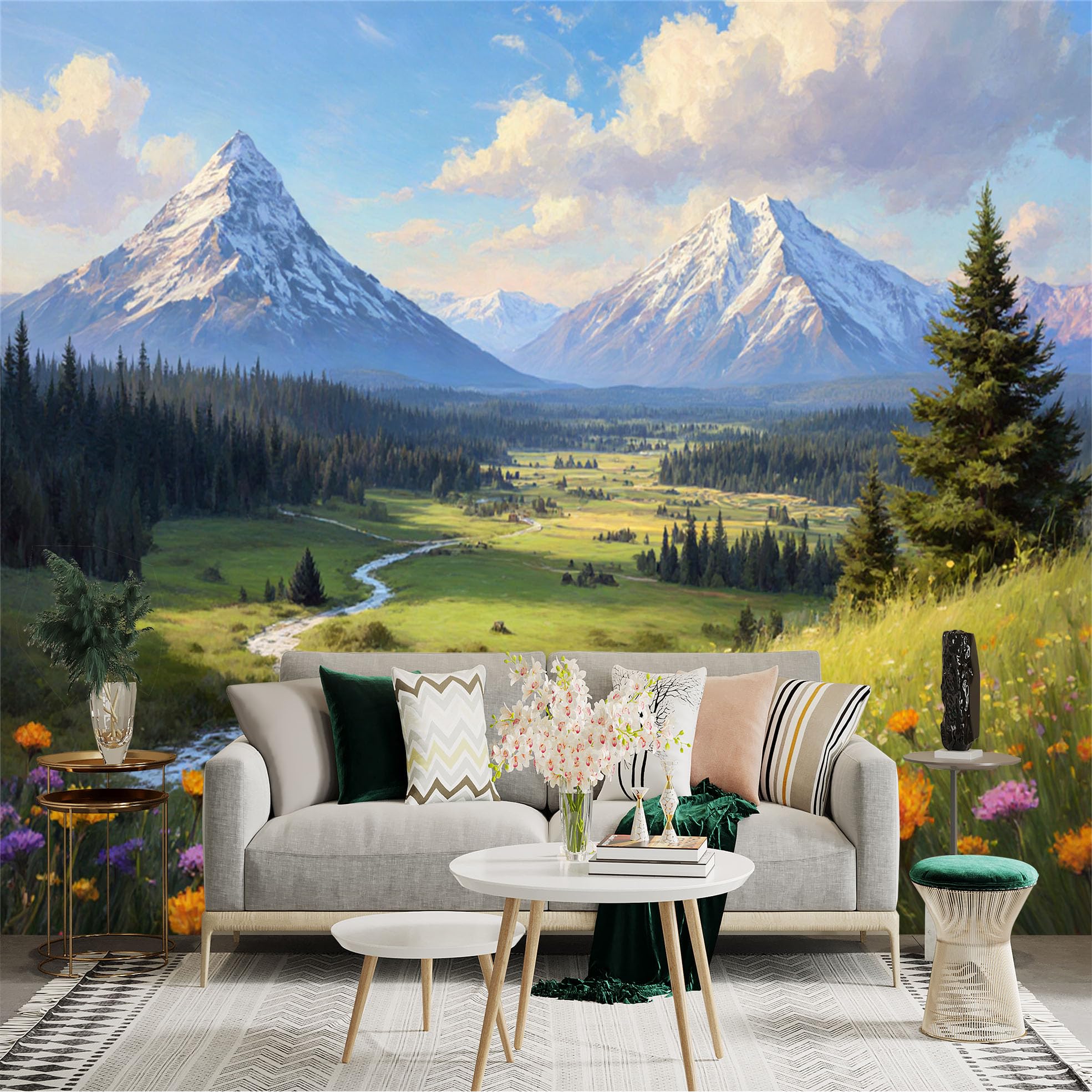 Lnzczhyre Xc260505756 Custom Size Wall Sticker Mural， Snow Capped Mountain Peaks， Lush Alpine Valley， Winding River， Vibrant Wildflower Meadow， For Wall Decoration， Peelandstick Wall Decals.