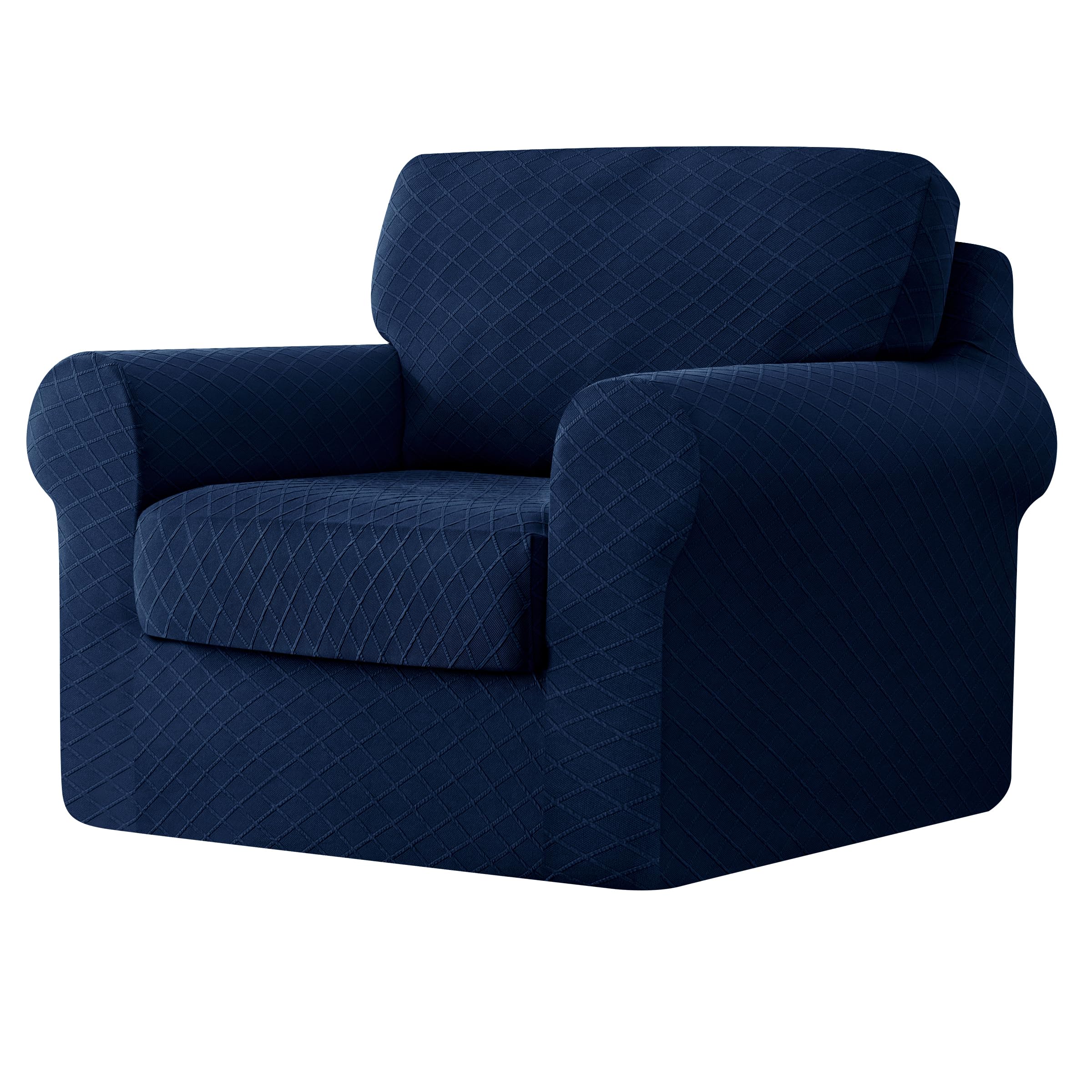 CHUN YI 3 Piece Stretch Diamond Lattice Armchair Sofa Cover, 1 Seater Couch Slipcover with One Separate Backrest and Cushion with Elastic Band, Checks Spandex Rhombus Fabric(Small,Dark Blue)