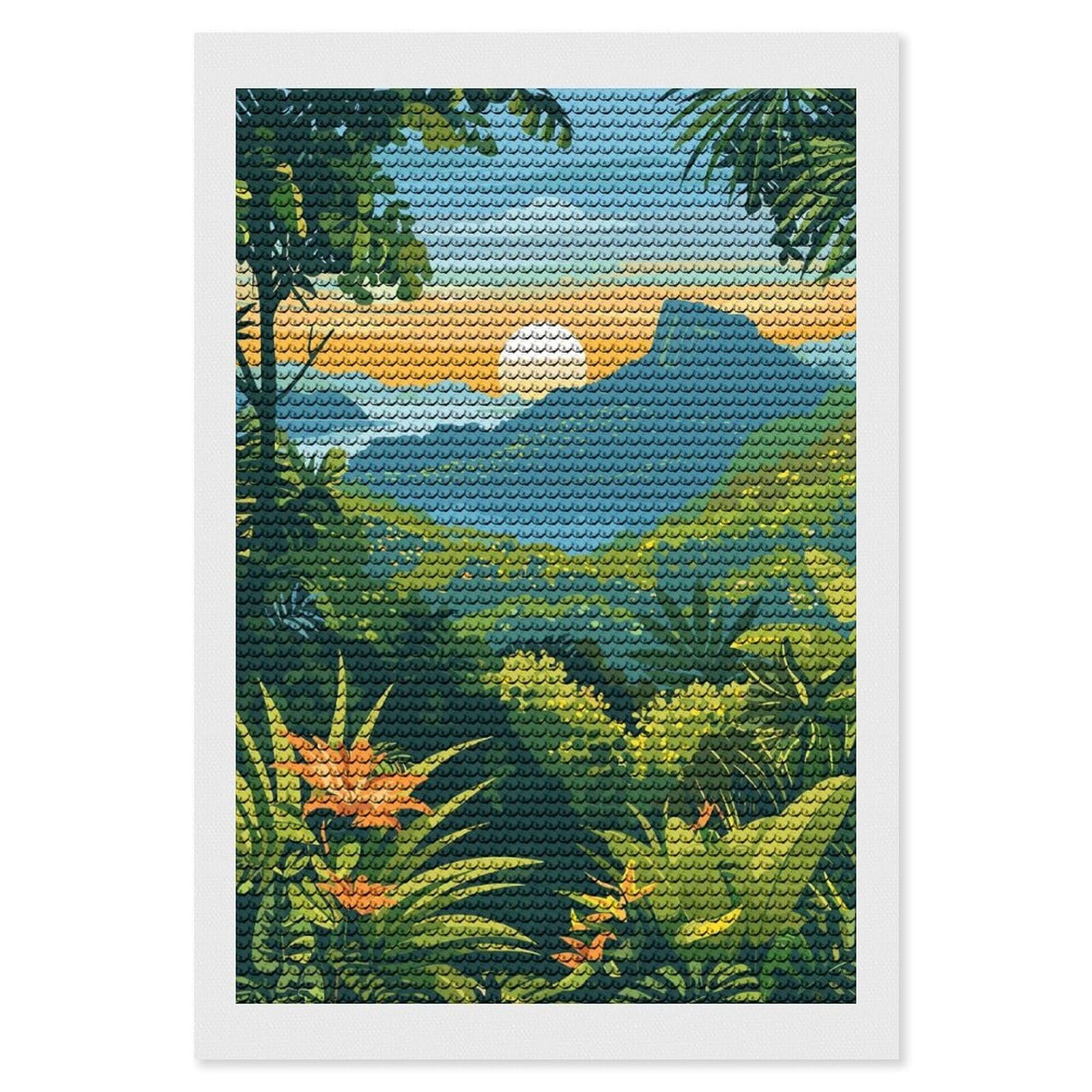 Junmoney Tropical Landscape with Mountain and Sunset Diamond Painting Canvas Set 8"x12", with Tool Kit, Easy to Enjoy, Home Wall Decor, Thoughtful Handmade Gift