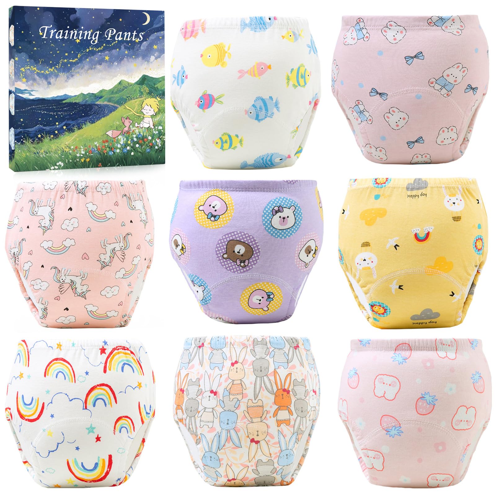 Upairy Potty Training Pants Cotton Absorbent Training Underwear for Toddler Boy and Girls 2T-5T,Soft Absorbent & Leak-Proof with Characters(8PCS,S)