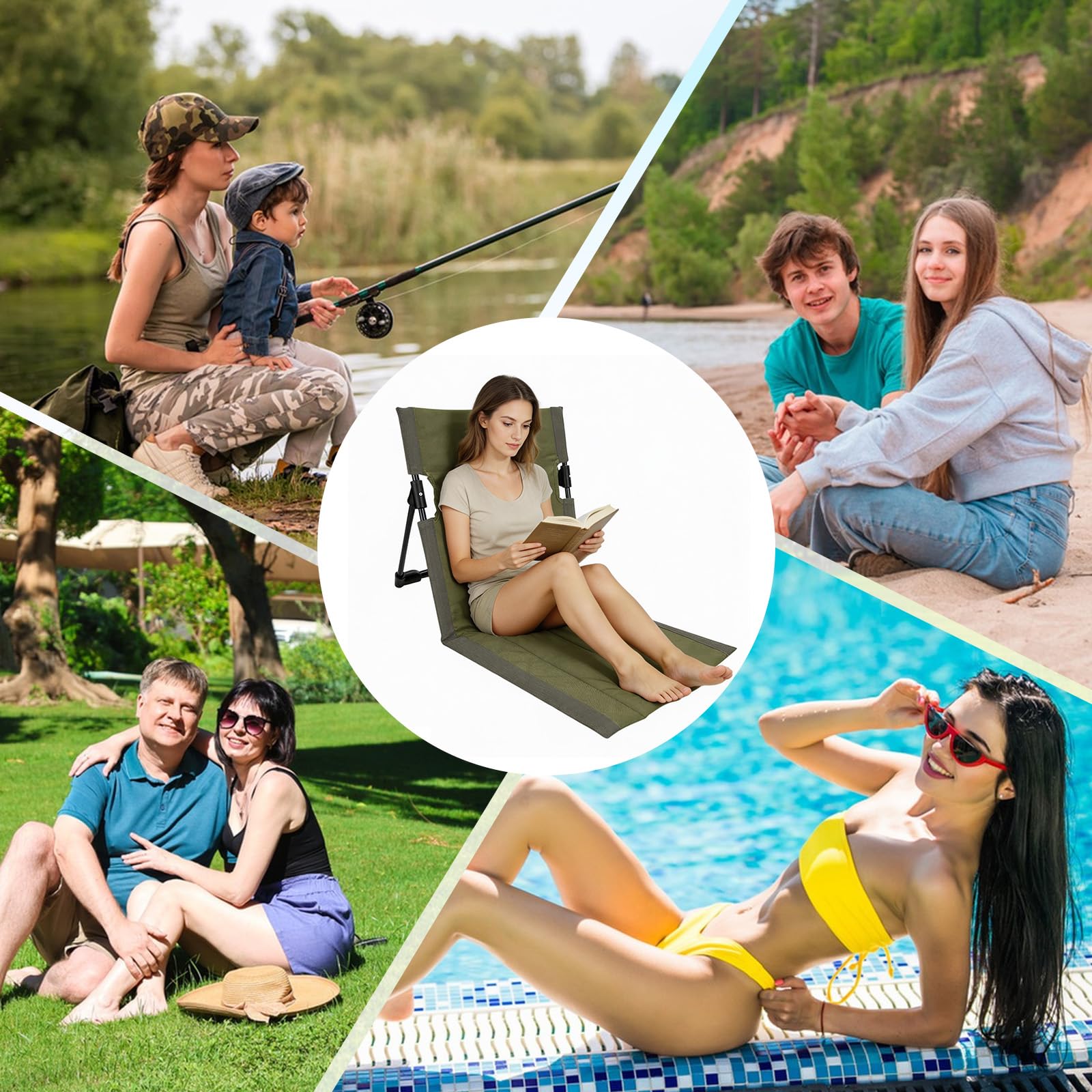 Cojín de asiento para exterior, silla de playa plegable, cojín para silla de playa con respaldo, silla de suelo, cojín plegado, cojín de playa, plegable para camping, pícnic, pesca (verde oliva)