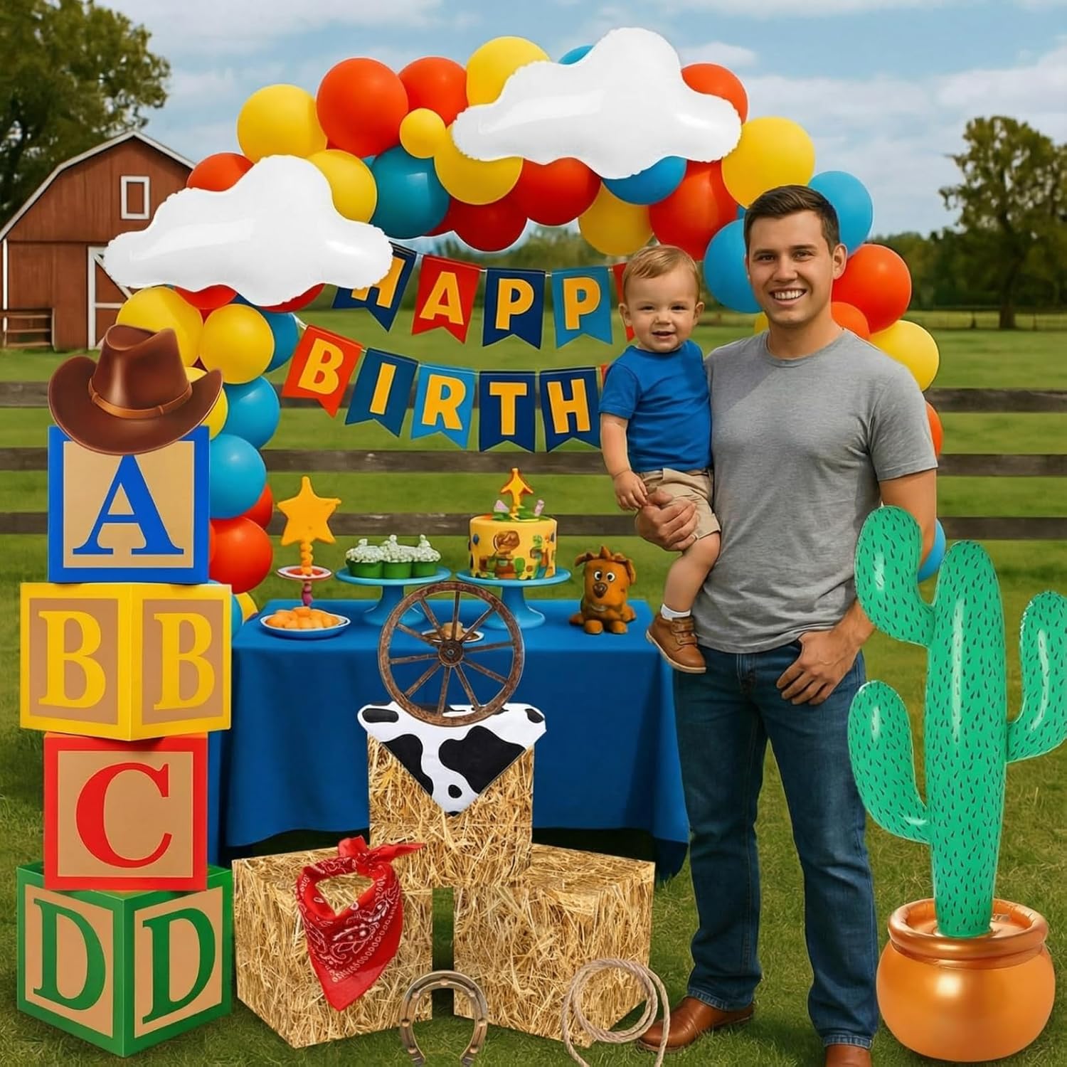 14 Pcs Cowboy Party Decorations Hay Bales ABCD Boxes Western Cowboy Decorations Cloud and Cow for Wild West Themed Birthday Party Supplies