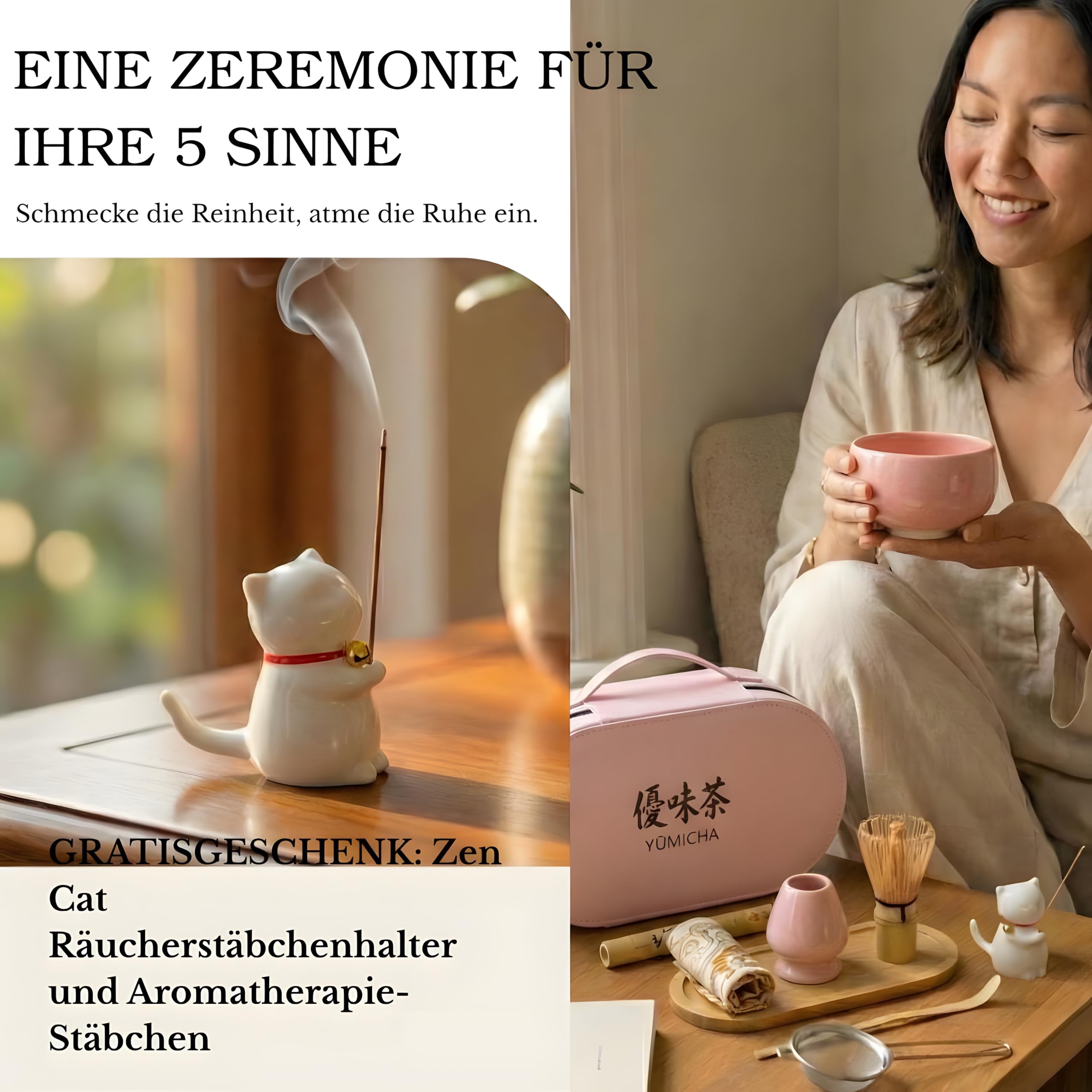 Matcha Set mit Bambusbesen, Keramikschale & Sieb – Matcha Tee Starter Set inkl. Löffel, ideal als Geschenk – Premium Matcha Kit – Rosa