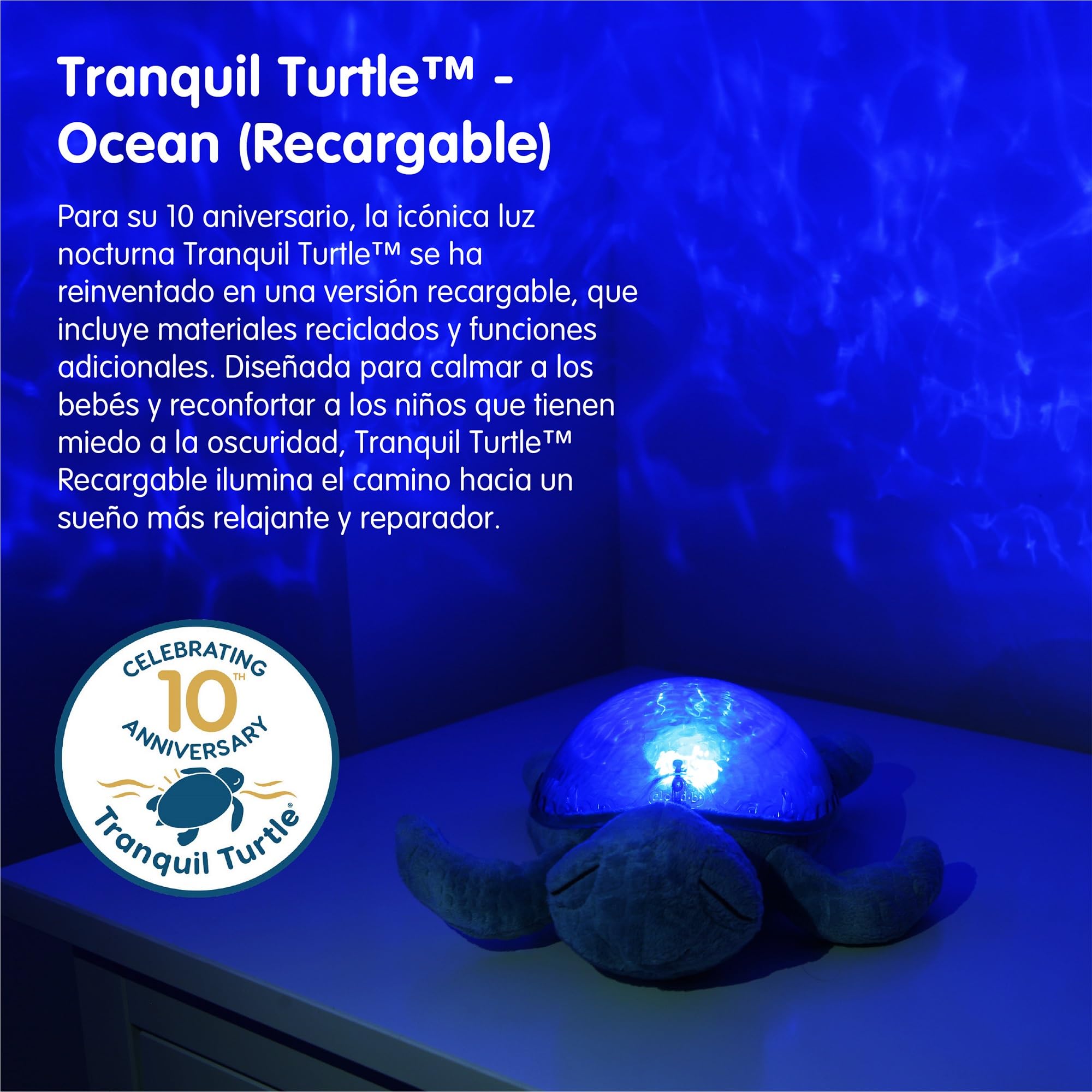 Cloud B Nightlight Musical Tranquil Turtle™ Recargable Ocean | Proyecciones submarinas | 4 sonidos relajantes | Brillo ajustable| Temporizador | Detector de llanto | Tejido reciclado