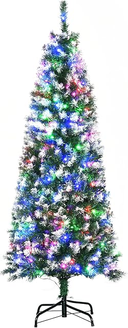 HOMCOM 5FT Tall Prelit Pencil Slim Artificial Christmas Tree with Realistic Branches, 250 Colourful LED Lights and 408 Tips, Xmas Decoration, Green