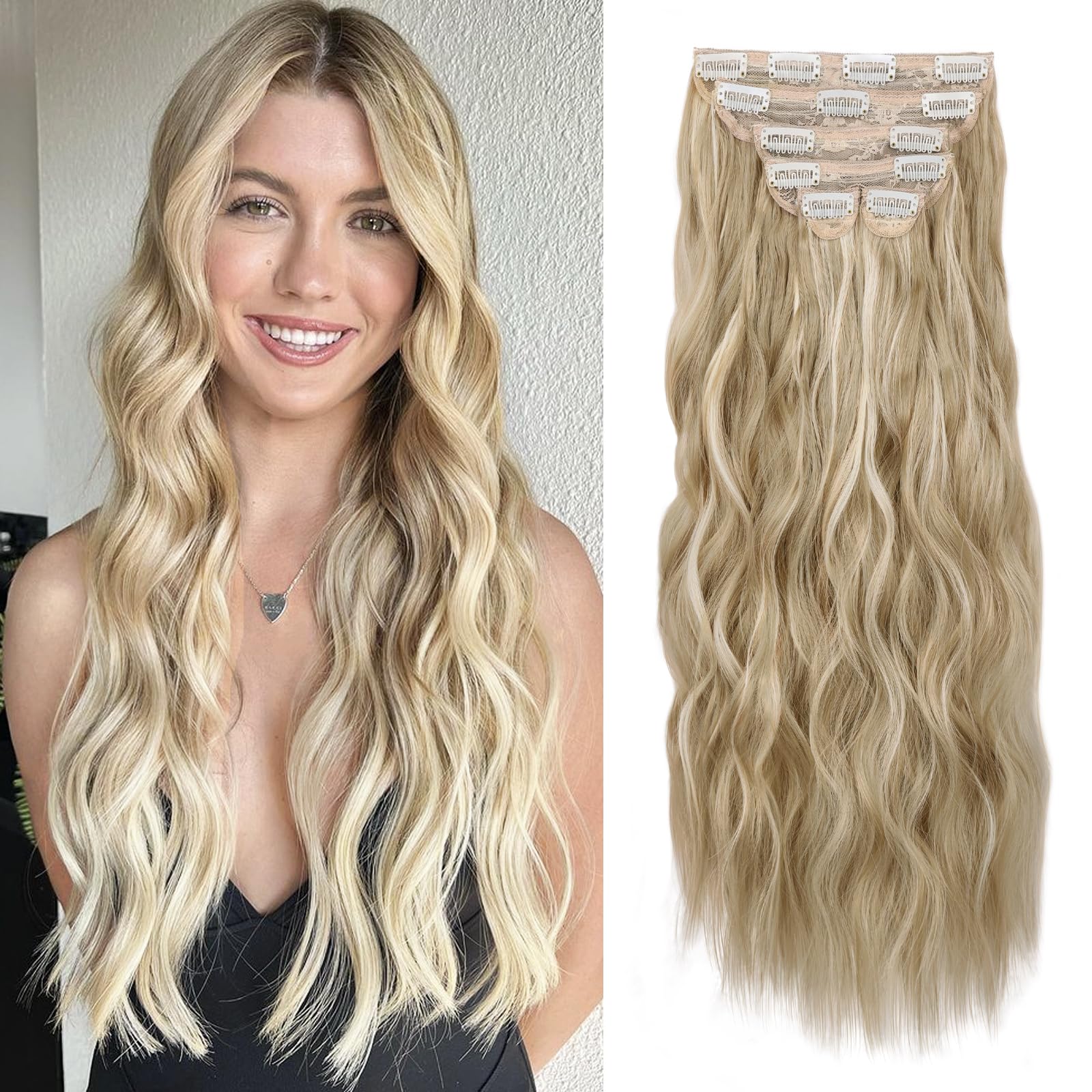 WECAN Clip in Hair Extension 24 Inch Ash Blonde Mix Bleach Blonde 6PCS Long Wavy Curly Hairpieces for Women Natural Thick Synthetic Fiber Double Weft