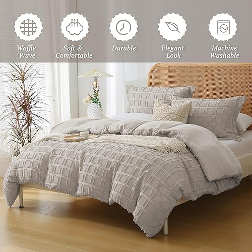 Miniatura 3 de MILDLY Juego de funda de edredón con tejido de gofre, tamaño King, color avena, 3 piezas, 100% microfibra lavada, suave y transpirable, texturizada,