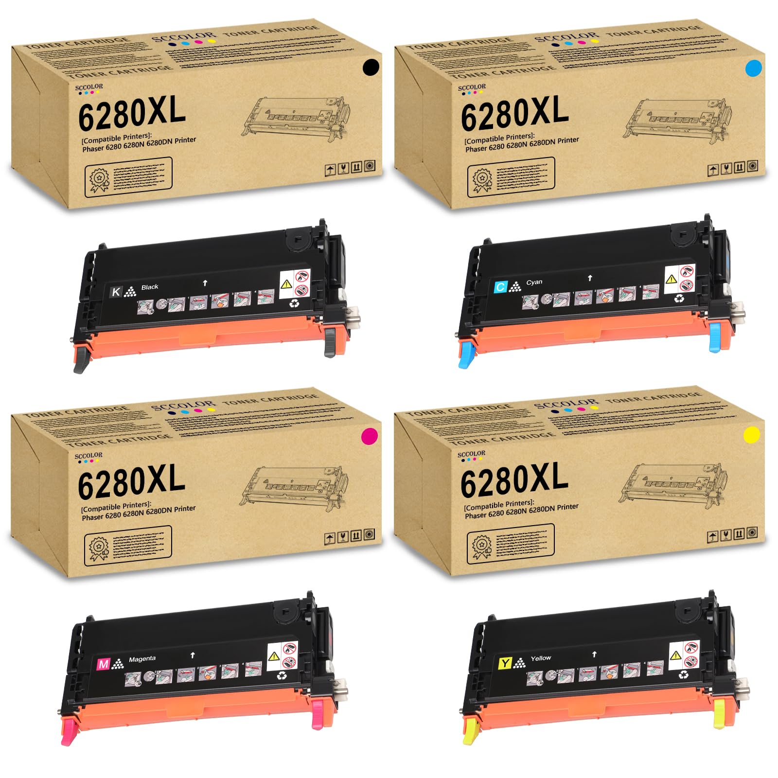 6280 Toner Cartridge High Yield Replacement for Xerox Phaser 6280 6280N 6280DN Printer.106R01392 106R01393 106R01394 106R01395/Black Cyan Magenta