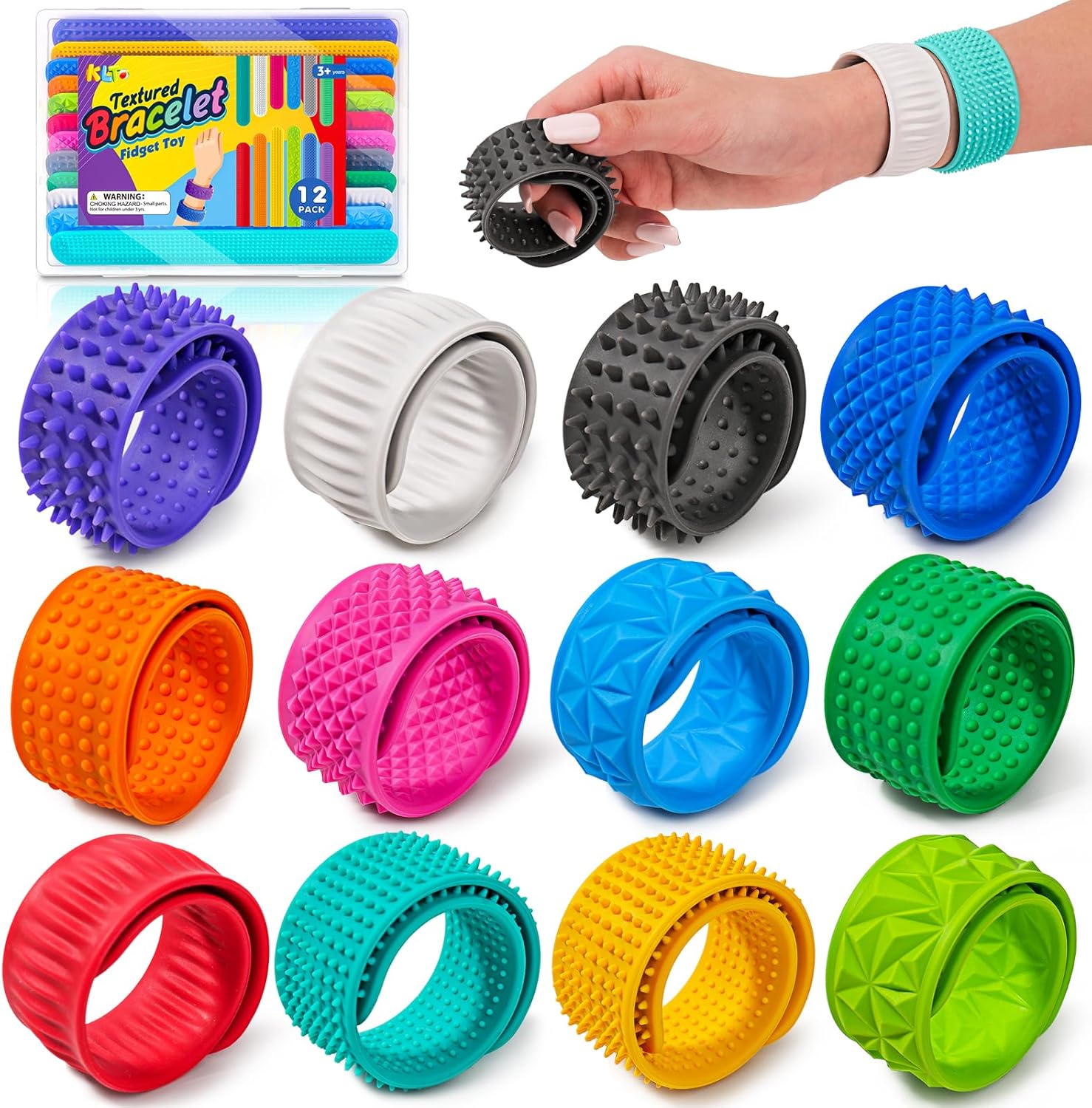 Fidget Toys for Kids Adults: Textured Silicone Slap Bracelets 12 Pack, Sensory Toys for Autism ADHD, Stress Toys for Office Desk Classroom, Small Fidgets Travel Toys, Easter Basket Stuffers
