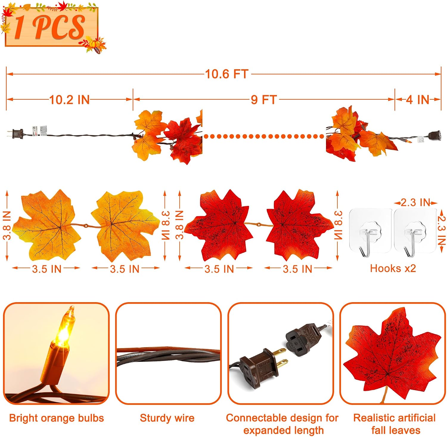 9FT Plug in Fall Garland with Lights 50 Orange Bulbs Connectable Garlands