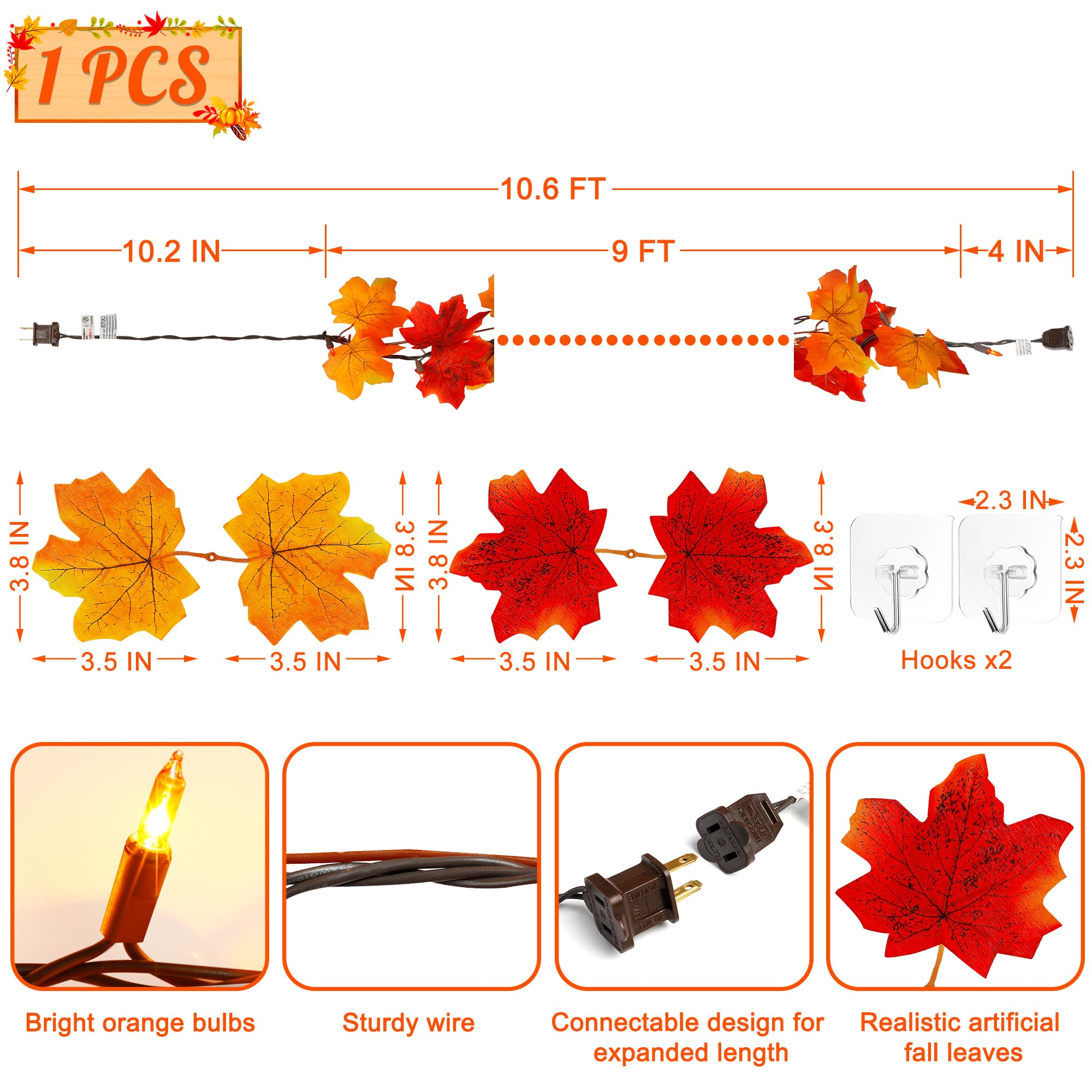 9FT Fall Decor Fall Decorations for Home, 50 Orange Bulbs Plug in Fall Garland with Lights, Connectable Maple Leaves Light for Indoor Outdoor Festival Decorations Fireplace Party