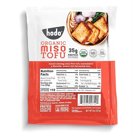 Hodo Miso Organic Tofu | 35g Protein per Package | Marinated in Flavorful, Umami-Rich Miso | Great in Air Fryer or Soup, Baked or Fried | Nutritious