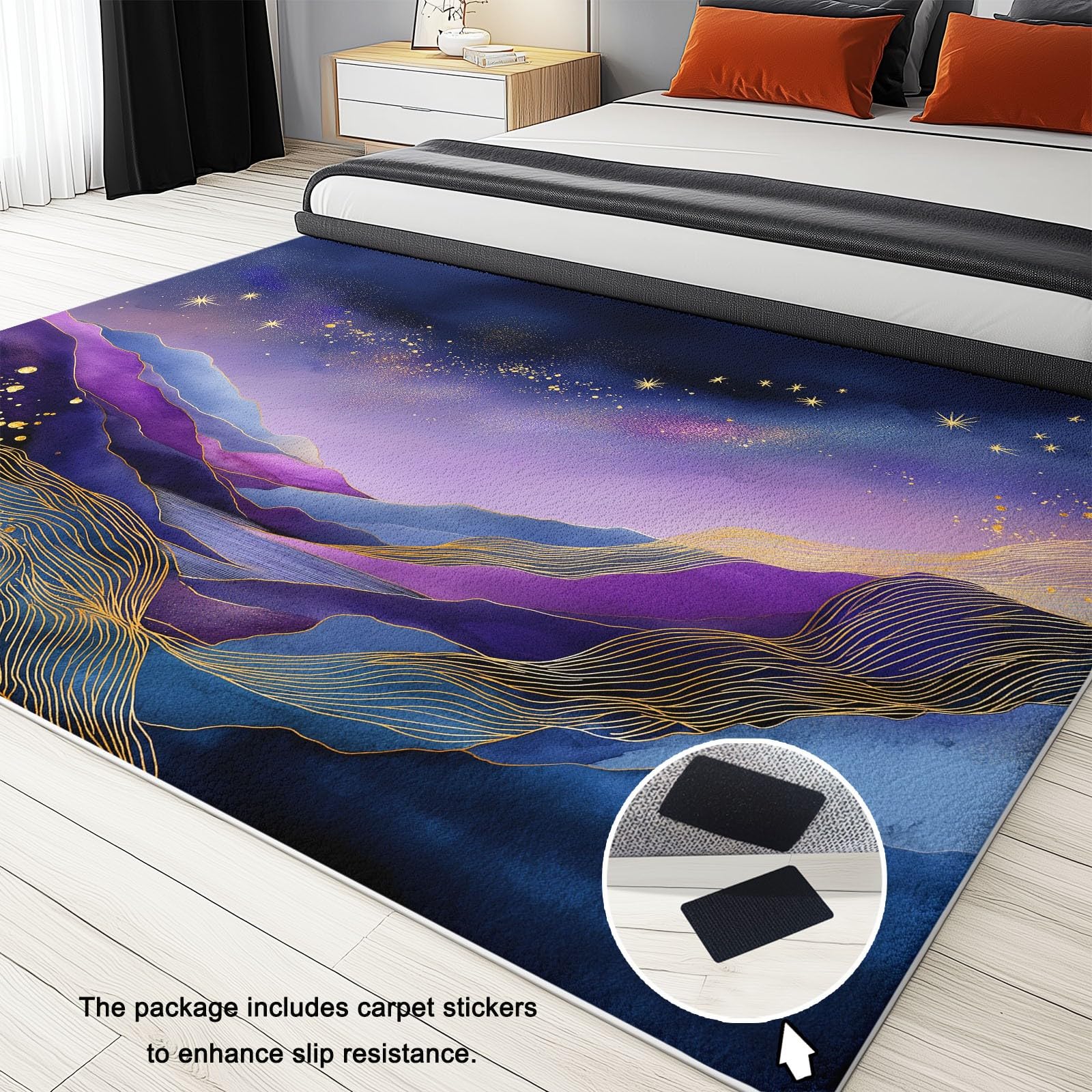 Generico Dywan do salonu z krótkim włosiem 140 x 200 cm można prać w pralce, antypoślizgowy prostokątny górski linie gwiaździste niebo gwiazdy, do dekoracji domu sypialni ciemnofioletowy