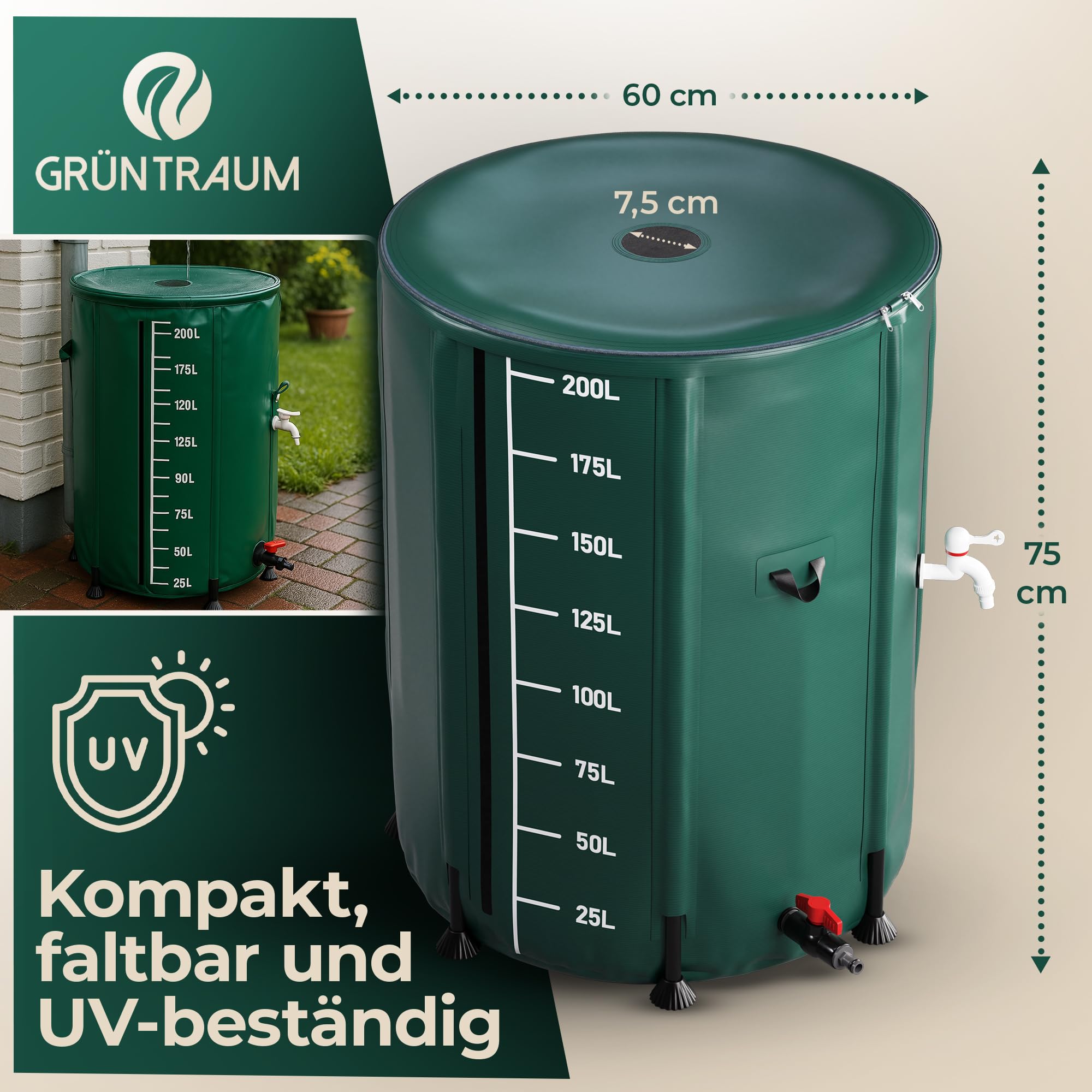 Regentonne faltbar 200L – Regenfass/Regenwassertonne/Wassertank faltbar – Wasserfass stabil – witterungsbeständig – mit Füllstandsanzeige & Air Wing System (Grün, 200L)