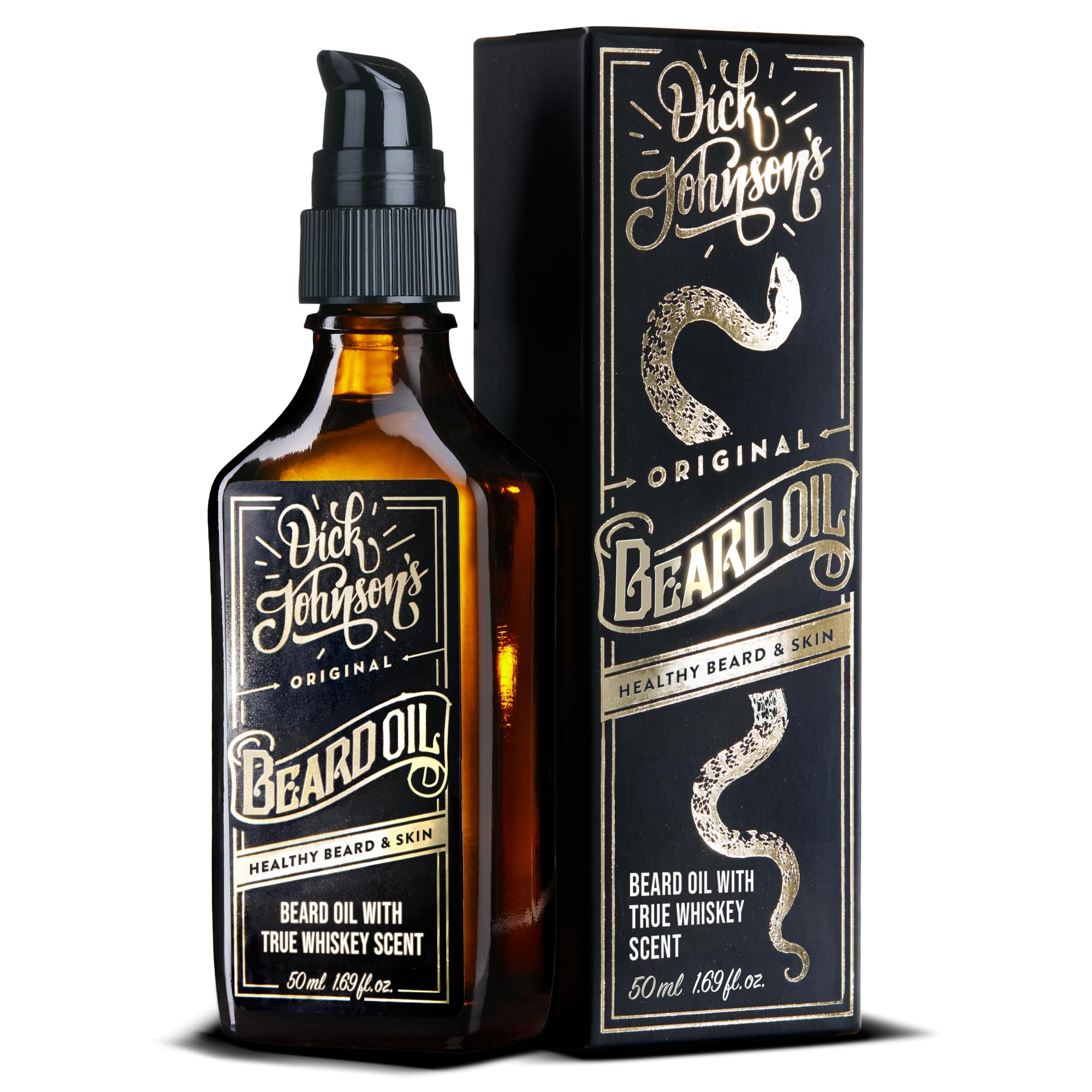 Dick Johnson Aceite para barba original - Aceite vegano para barba, hecho de ingredientes naturales, cuida la barba y la piel con aceite de almendra, jojoba y argán. Fragancia firma: whisky y vainilla