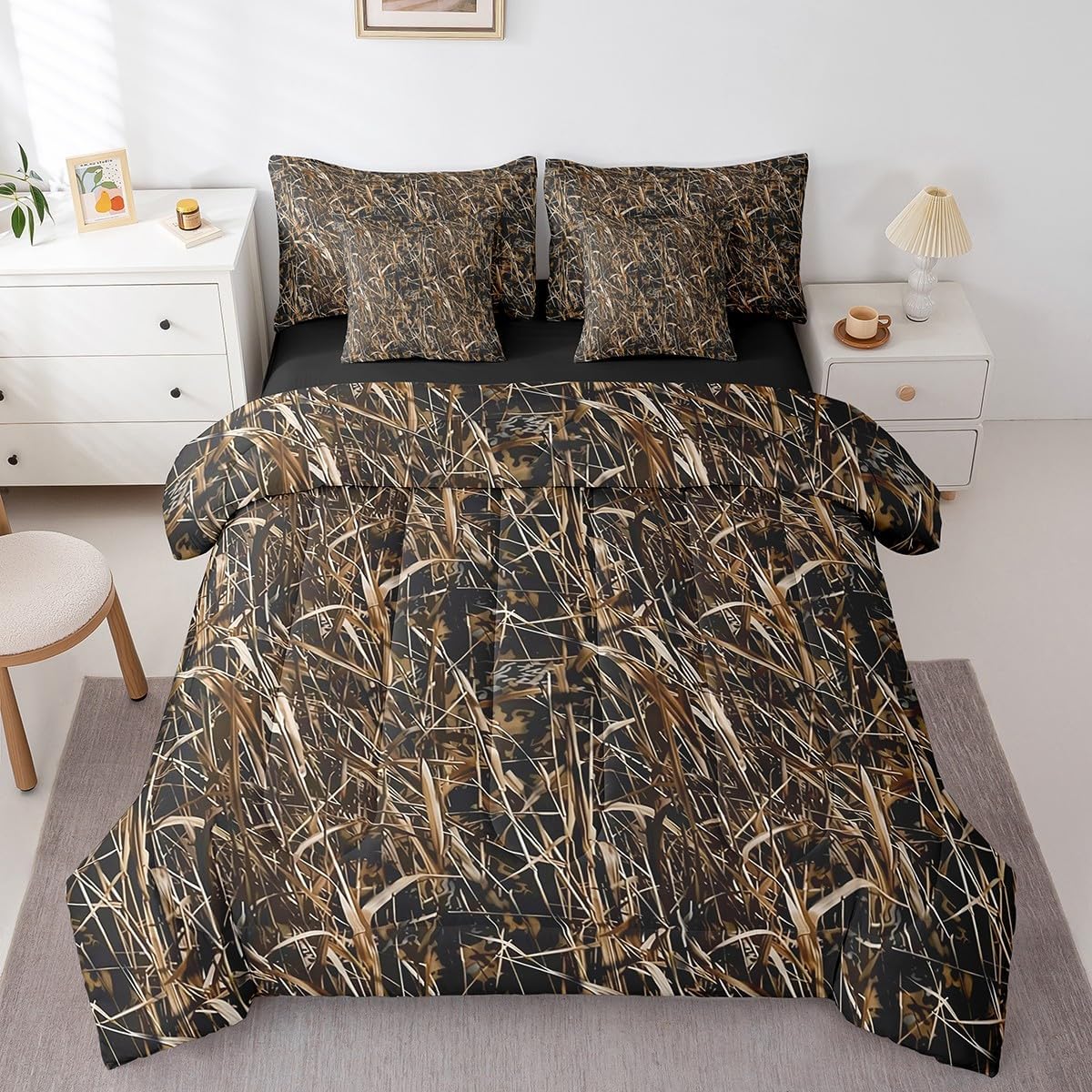Feelyou Camouflage Bedding Set All Season Queen Size Grass Comforter Set 7 Pieces Military Style Tree Branches Camo Leaf Bed in a Bag Botanical Bed Set with Comforter, Sheet Set, Pillowcases Room