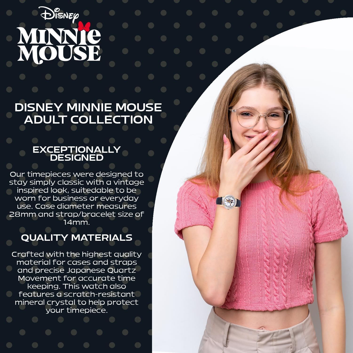 Minnie Mouse Watch for Women - Minnie Mouse Watches for Women, Trendy Watch, Elegant Watches – Black Leather Strap, Silver Case and Dial, Stylish Toys