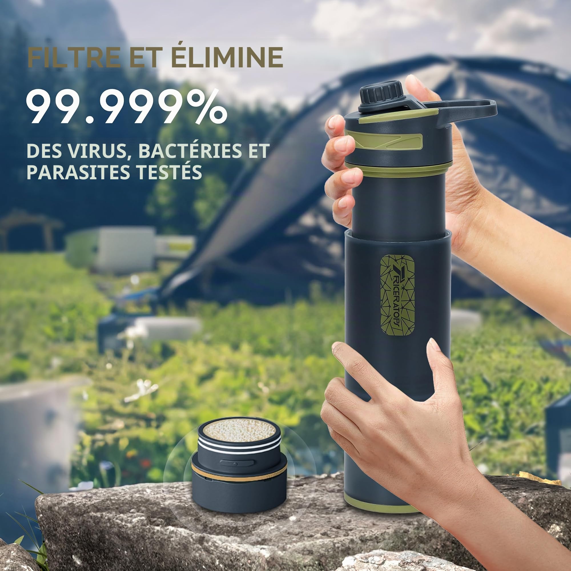 Bouteille avec filtre à eau de 800 ml, système de purification sous pression avec filtre à microplastiques, portable pour camping, randonnée et survie d'urgence (gris foncé)