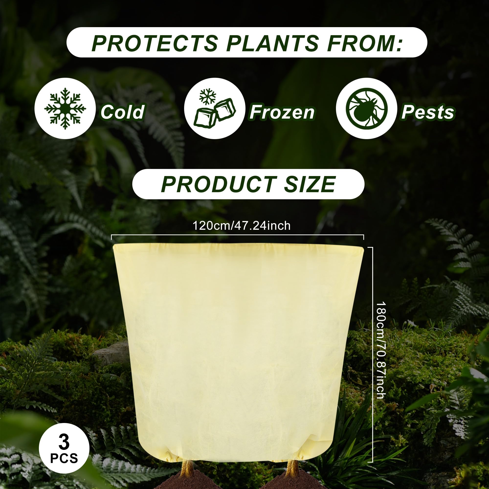 3 PCS Funda para Plantas 180x120cm 85g/m², Malla Antiheladas con Cremallera y Cordón, Manta Termica Plantas Resistente y Reutilizable, Cubre Plantas Invierno para Árboles y Arbustos