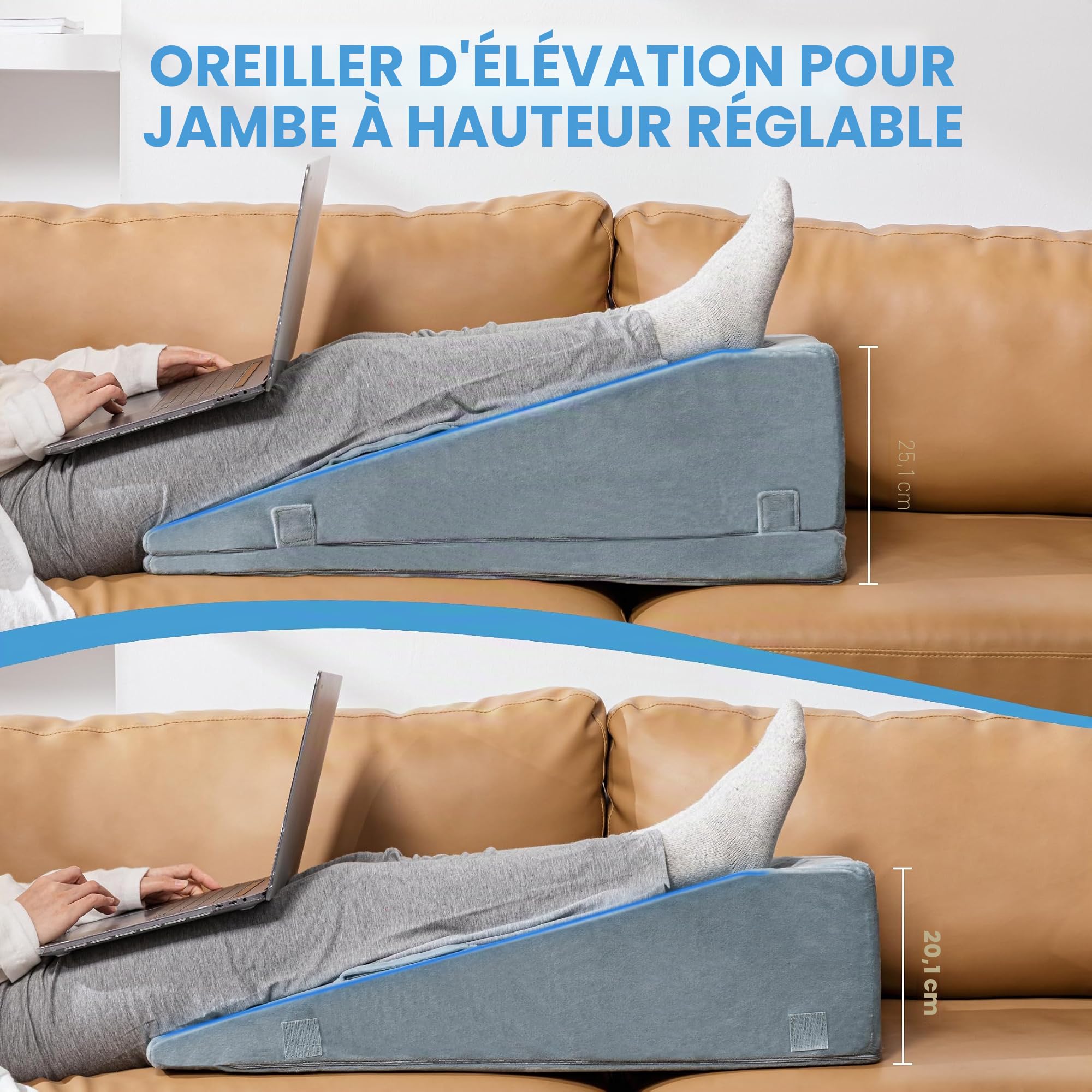 Coussin d'élévation des Jambes, Oreiller Incliné en Mousse de Qualité Réglable, Soulage les Douleurs Articulaires Post-Opératoires, Courbe Ergonomique pour Favoriser la Circulation Sanguine